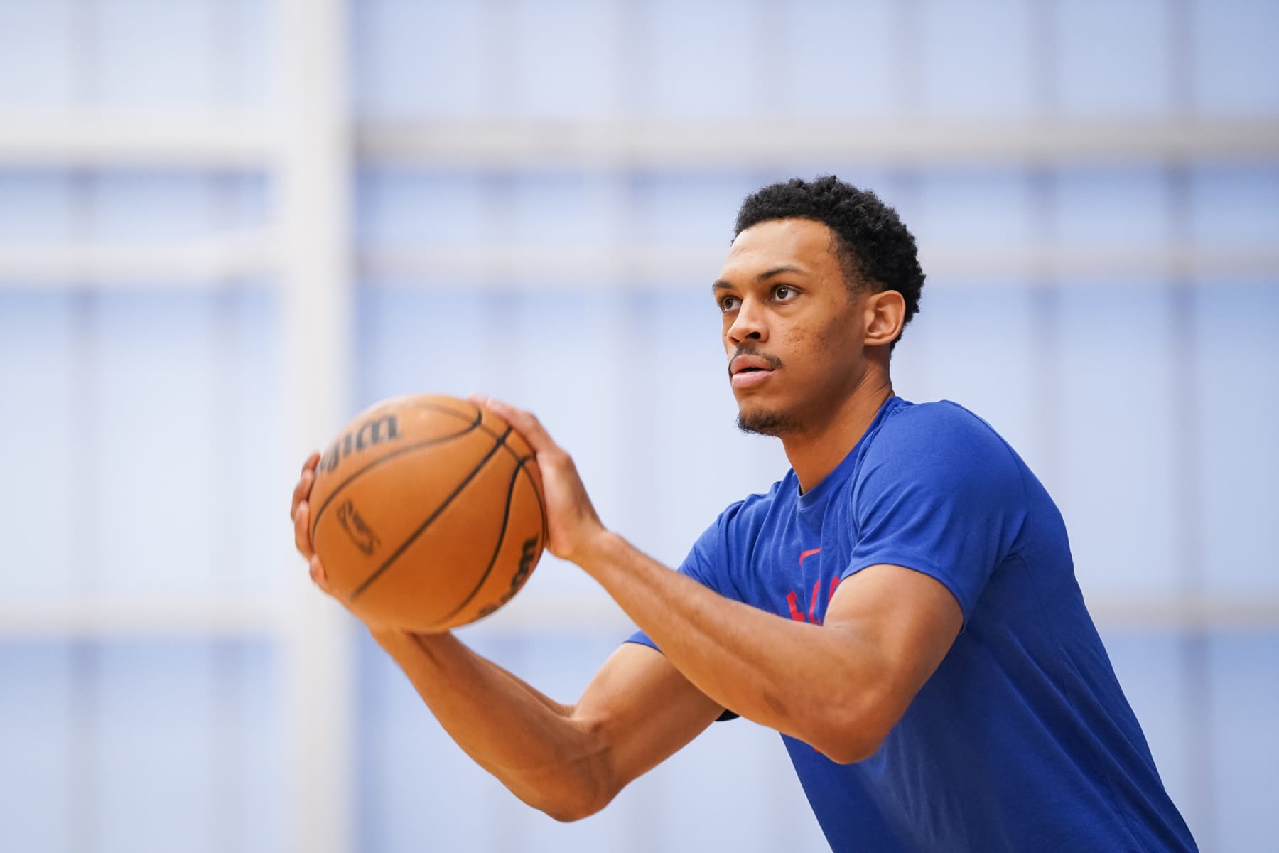 WILMINGTON, DE - DECEMBER16: Darius Bazley #13 of the Delaware Blue Coats warms up before the game against the Long Island Nets on December 16, 2023 at Chase Field House in Wilmington, Delaware. NOTE TO USER: User expressly acknowledges and agrees that, by downloading and or using this photograph, user is consenting to the terms and conditions of Getty Images License Agreement. Mandatory Copyright Notice: Copyright 2023 NBAE (Photo by Denis Kennedy/NBAE via Getty Images)