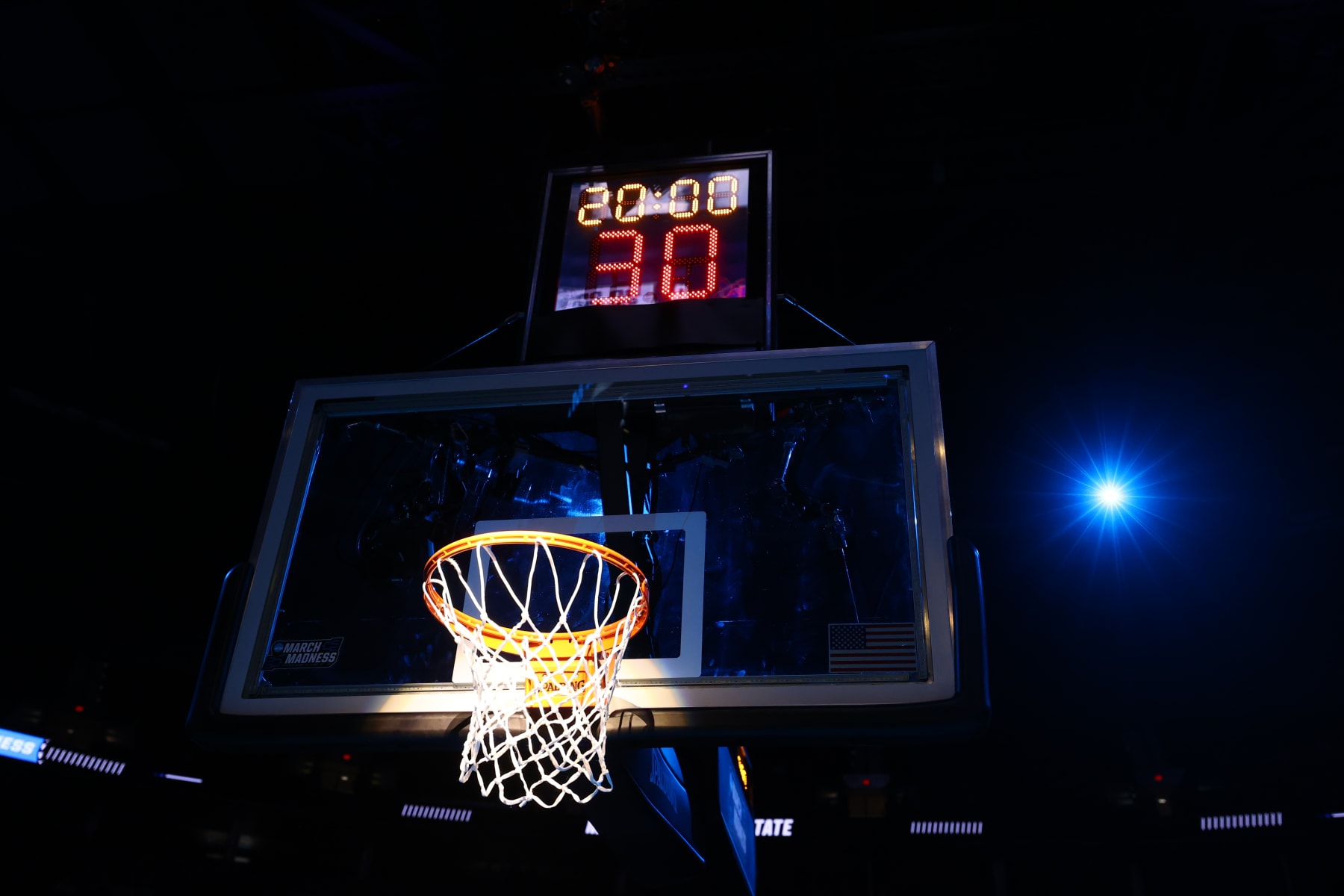 PORTLAND, OR - MARCH 17: A basketball hoop is lit before the Boise State Broncos take on the Memphis Tigers during the first round of the 2022 NCAA Men's Basketball Tournament held at the Moda Center on March 17, 2022 in Portland, Oregon. (Photo by Jamie Schwaberow/NCAA Photos via Getty Images) PORTLAND, OR - MARCH 17: A basketball hoop is lit before the Boise State Broncos take on the Memphis Tigers during the first round of the 2022 NCAA Men's Basketball Tournament held at the Moda Center on March 17, 2022 in Portland, Oregon. (Photo by Jamie Schwaberow/NCAA Photos via Getty Images)