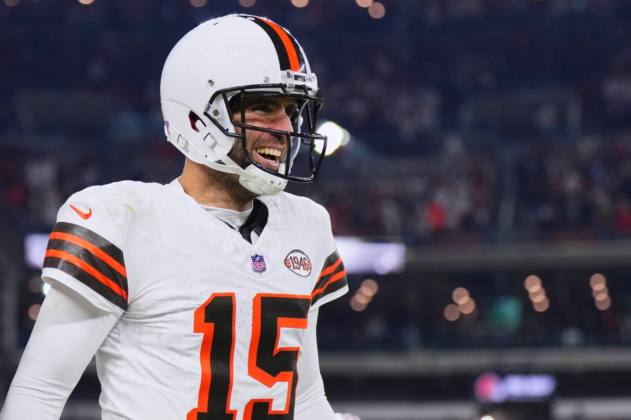 CLEVELAND, OH - DECEMBER 28: Joe Flacco #15 of the Cleveland Browns celebrates after scoring a touchdown against the New York Jets at Cleveland Browns Stadium on December 28, 2023 in Cleveland, Ohio. (Photo by Cooper Neill/Getty Images)