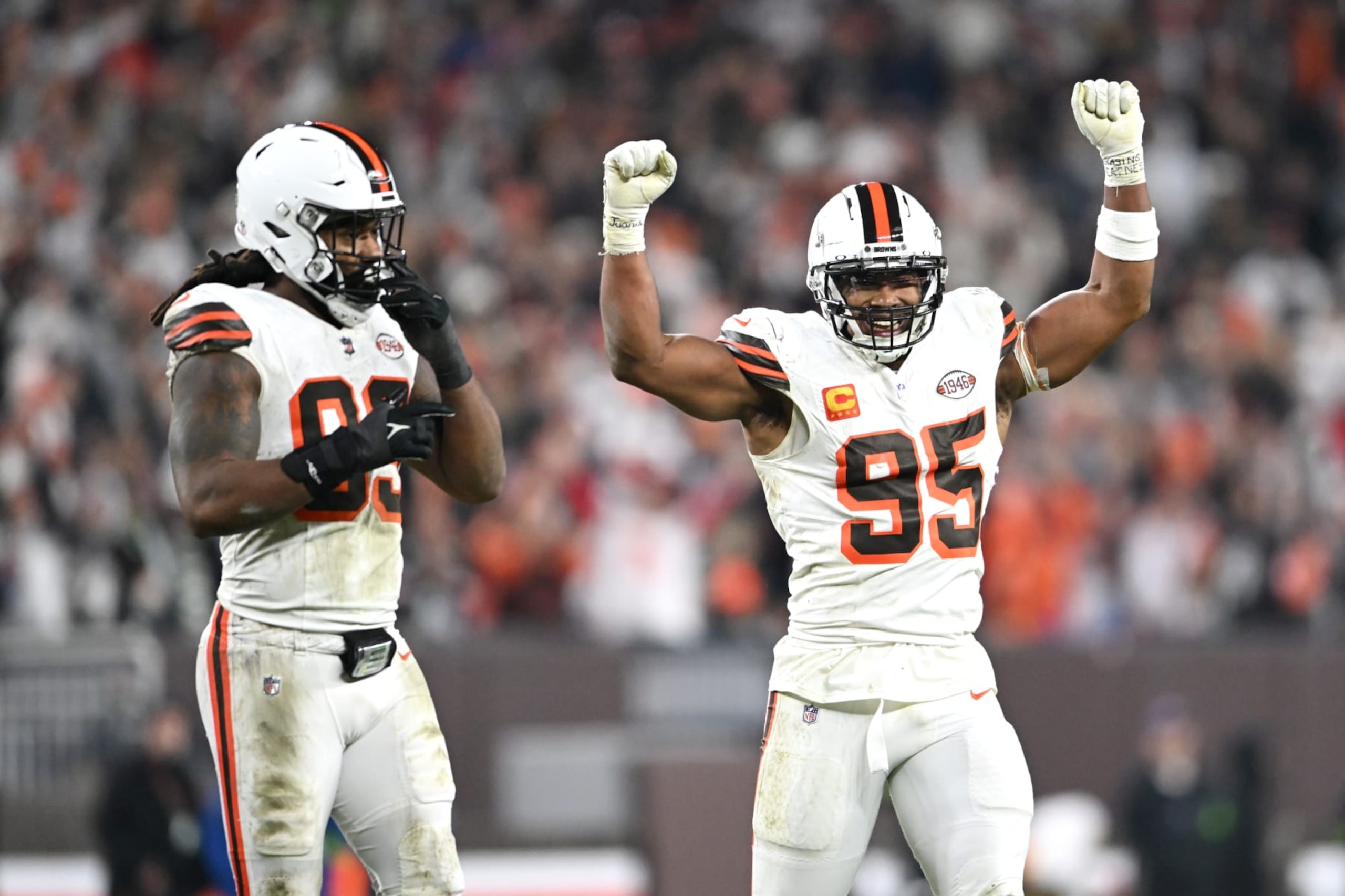 CLEVELAND, OHIO - DECEMBER 28: Myles Garrett #95 of the Cleveland Browns celebrates after a sack against the New York Jets at Cleveland Browns Stadium on December 28, 2023 in Cleveland, Ohio. (Photo by Nick Cammett/Getty Images)