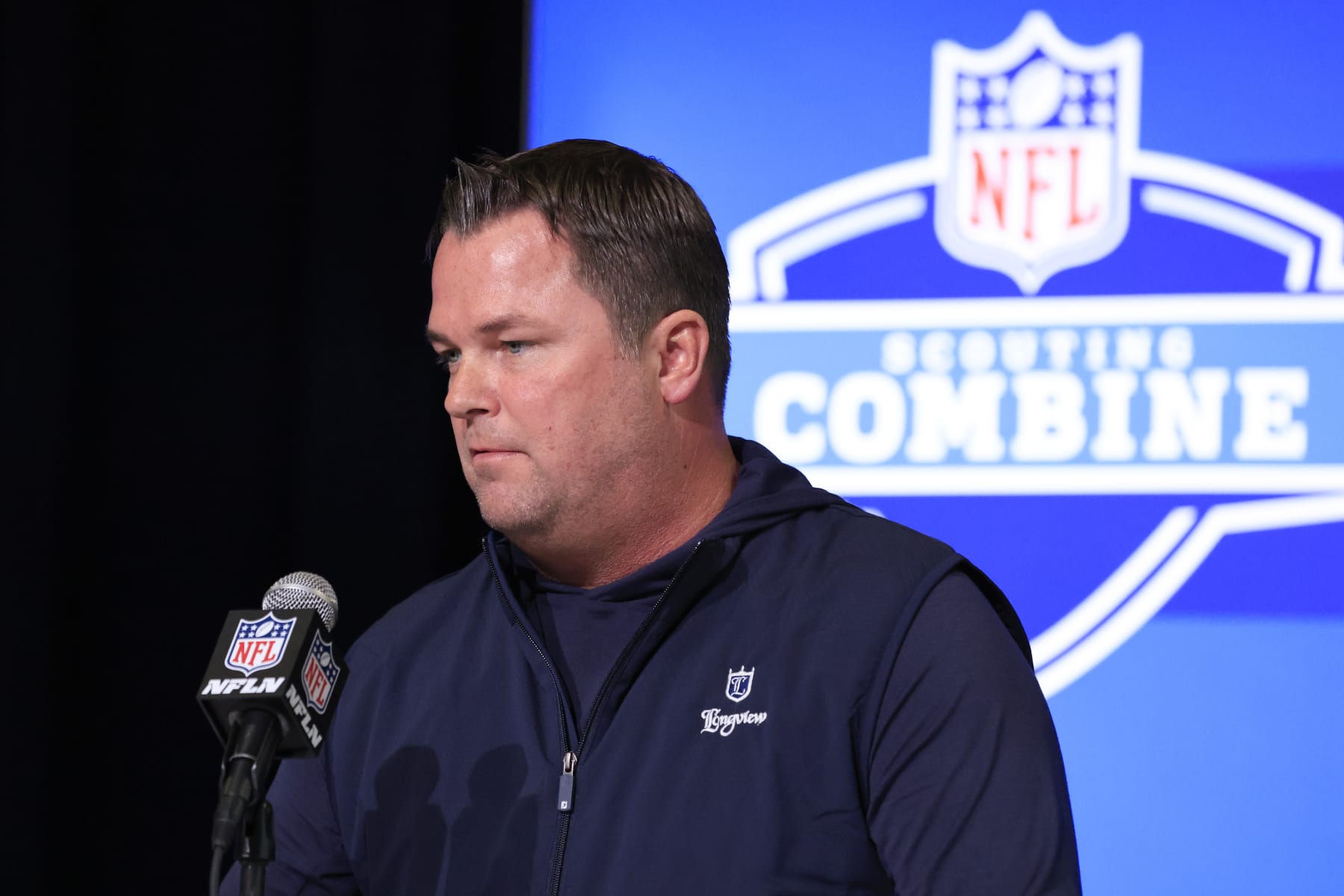 INDIANAPOLIS, INDIANA - MARCH 01: General manager Scott Fitterer of the Carolina Panthers speaks to the media during the NFL Combine at Lucas Oil Stadium on March 01, 2023 in Indianapolis, Indiana. (Photo by Justin Casterline/Getty Images)