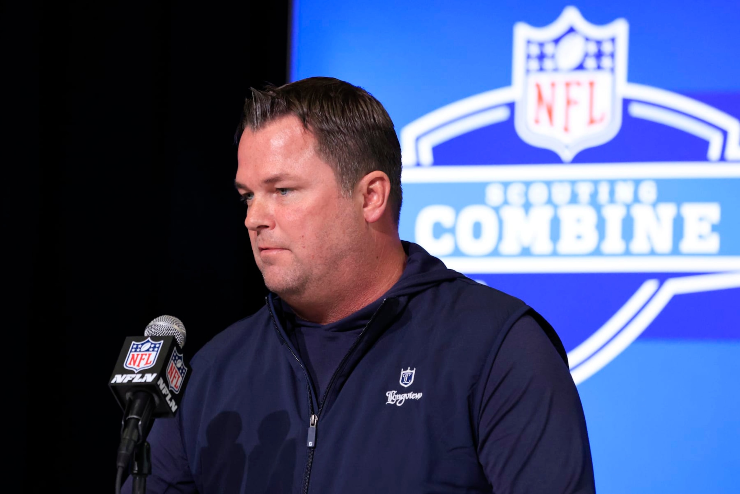 INDIANAPOLIS, INDIANA - MARCH 01: General manager Scott Fitterer of the Carolina Panthers speaks to the media during the NFL Combine at Lucas Oil Stadium on March 01, 2023 in Indianapolis, Indiana. (Photo by Justin Casterline/Getty Images)