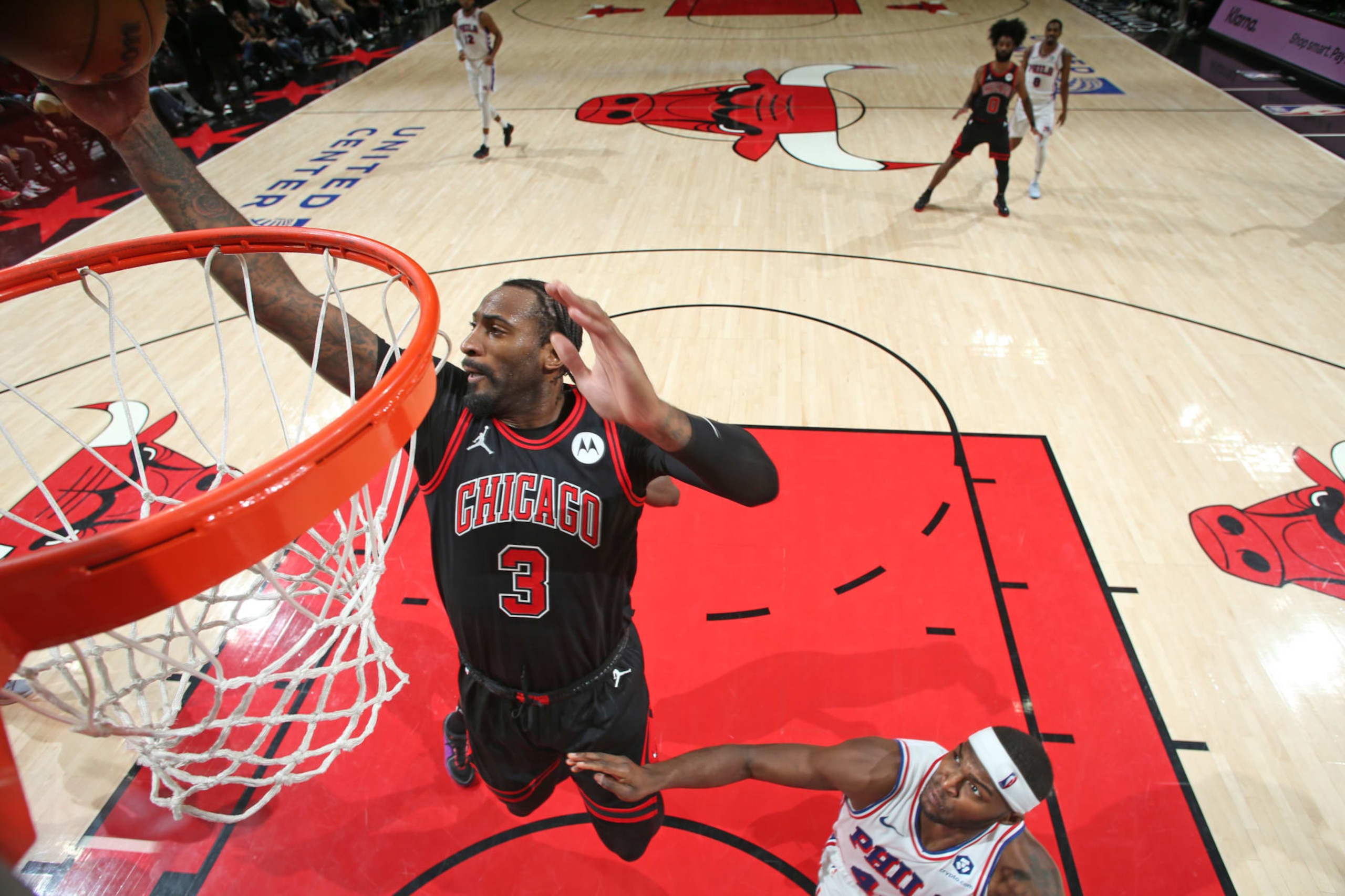 CHICAGO, IL - DECEMBER 30: Andre Drummond #3 of the Chicago Bulls rebounds the ball during the game against the Philadelphia 76ers on December 30, 2023 at United Center in Chicago, Illinois. NOTE TO USER: User expressly acknowledges and agrees that, by downloading and or using this photograph, User is consenting to the terms and conditions of the Getty Images License Agreement. Mandatory Copyright Notice: Copyright 2023 NBAE (Photo by Gary Dineen/NBAE via Getty Images) CHICAGO, IL - DECEMBER 30: Andre Drummond #3 of the Chicago Bulls rebounds the ball during the game against the Philadelphia 76ers on December 30, 2023 at United Center in Chicago, Illinois. NOTE TO USER: User expressly acknowledges and agrees that, by downloading and or using this photograph, User is consenting to the terms and conditions of the Getty Images License Agreement. Mandatory Copyright Notice: Copyright 2023 NBAE (Photo by Gary Dineen/NBAE via Getty Images)