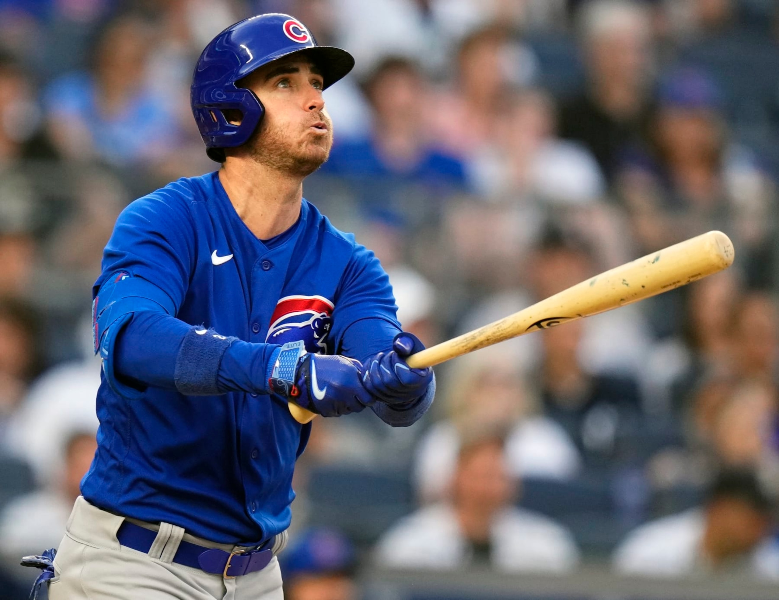 FILE - Chicago Cubs' Cody Bellinger watches his home run during the third inning of a baseball game against the New York Yankees, July 7, 2023, in New York. Bellinger declined his end of a $25 million mutual option for 2024 as expected and will test the free-agent market coming off a bounce-back season. (AP Photo/Frank Franklin II, File)