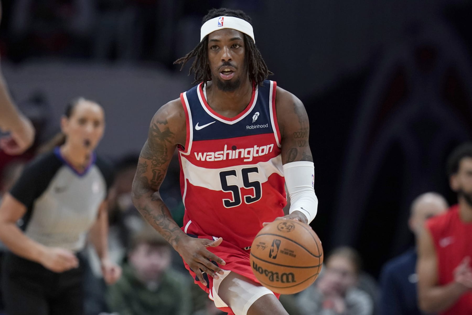 WASHINGTON, DC - DECEMBER 29: Delon Wright #55 of the Washington Wizards dribbles the ball during the first half against the Brooklyn Nets at Capital One Arena on December 29, 2023 in Washington, DC. NOTE TO USER: User expressly acknowledges and agrees that, by downloading and or using this photograph, User is consenting to the terms and conditions of the Getty Images License Agreement. (Photo by Jess Rapfogel/Getty Images)