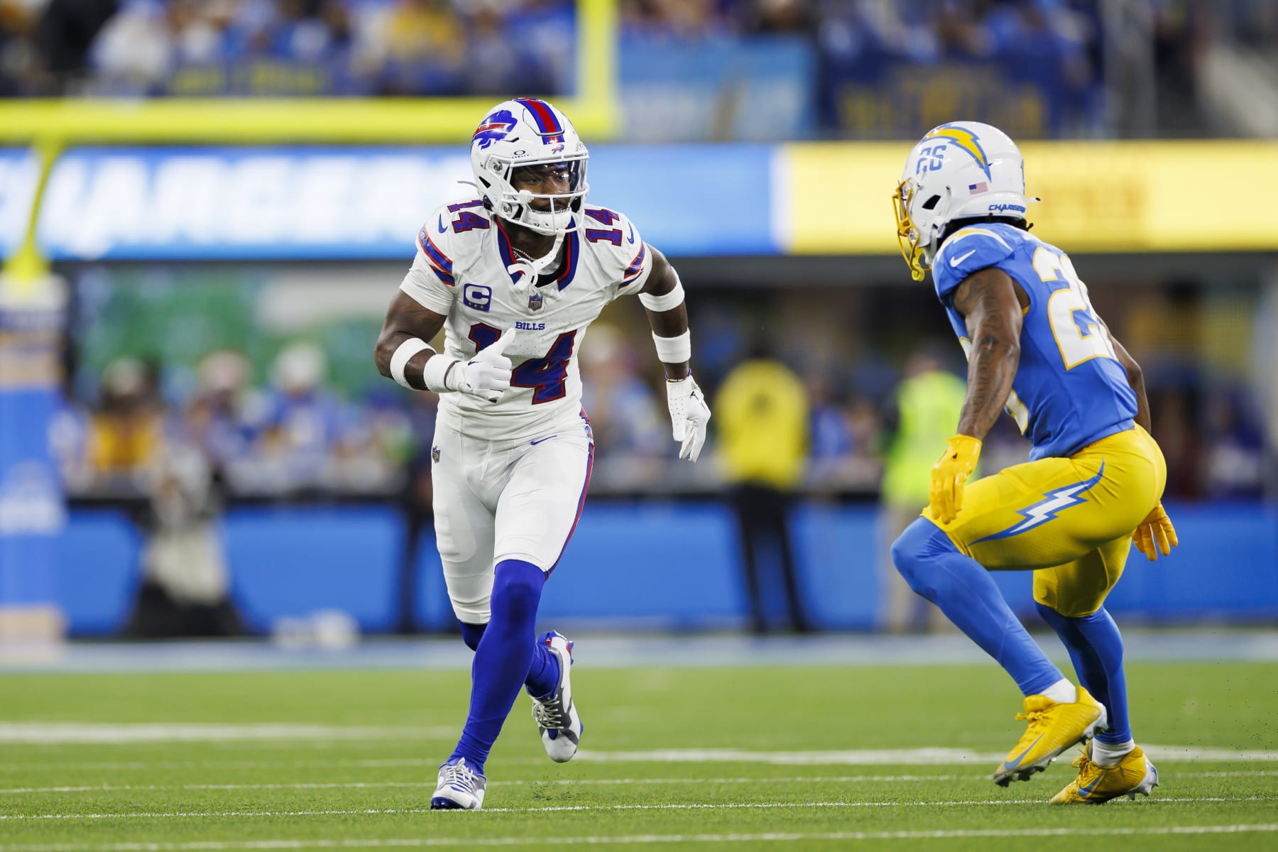 INGLEWOOD, CA - DECEMBER 23: Stefon Diggs #14 of the Buffalo Bills runs a route during an NFL football game against the Los Angeles Chargers at SoFi Stadium on December 23, 2023 in Inglewood, California. (Photo by Ryan Kang/Getty Images)