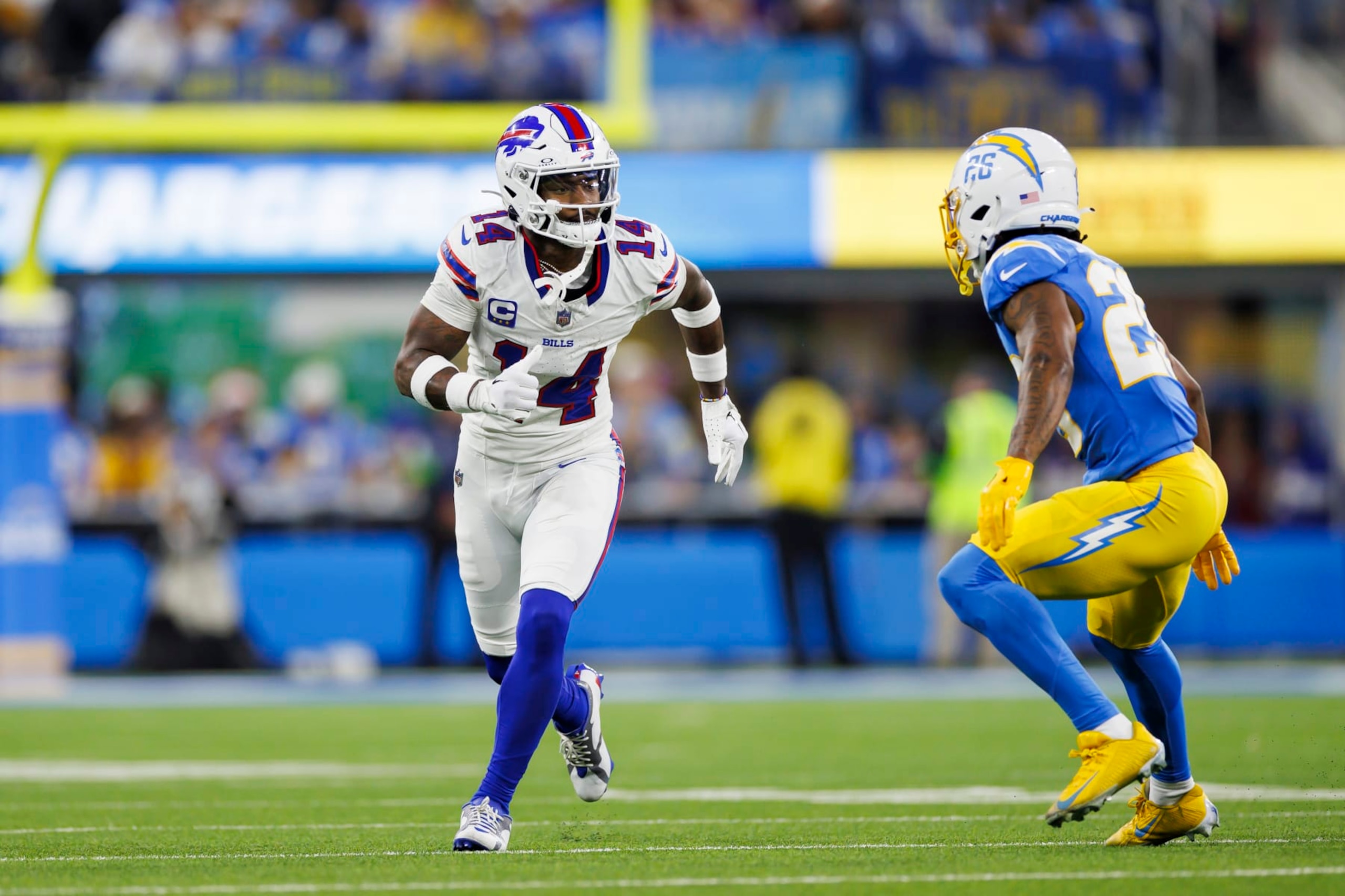 INGLEWOOD, CA - DECEMBER 23: Stefon Diggs #14 of the Buffalo Bills runs a route during an NFL football game against the Los Angeles Chargers at SoFi Stadium on December 23, 2023 in Inglewood, California. (Photo by Ryan Kang/Getty Images)