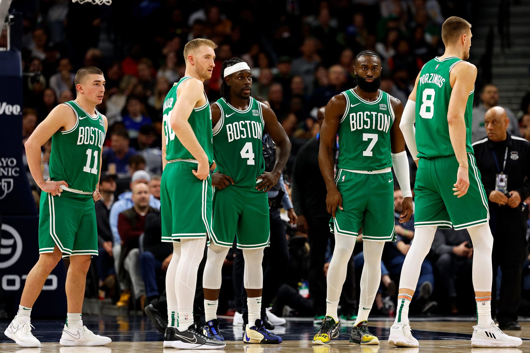 Payton Pritchard, Sam Hauser, Jrue Holiday, Jaylen Brown and Kristaps PorziÅÄ£is
