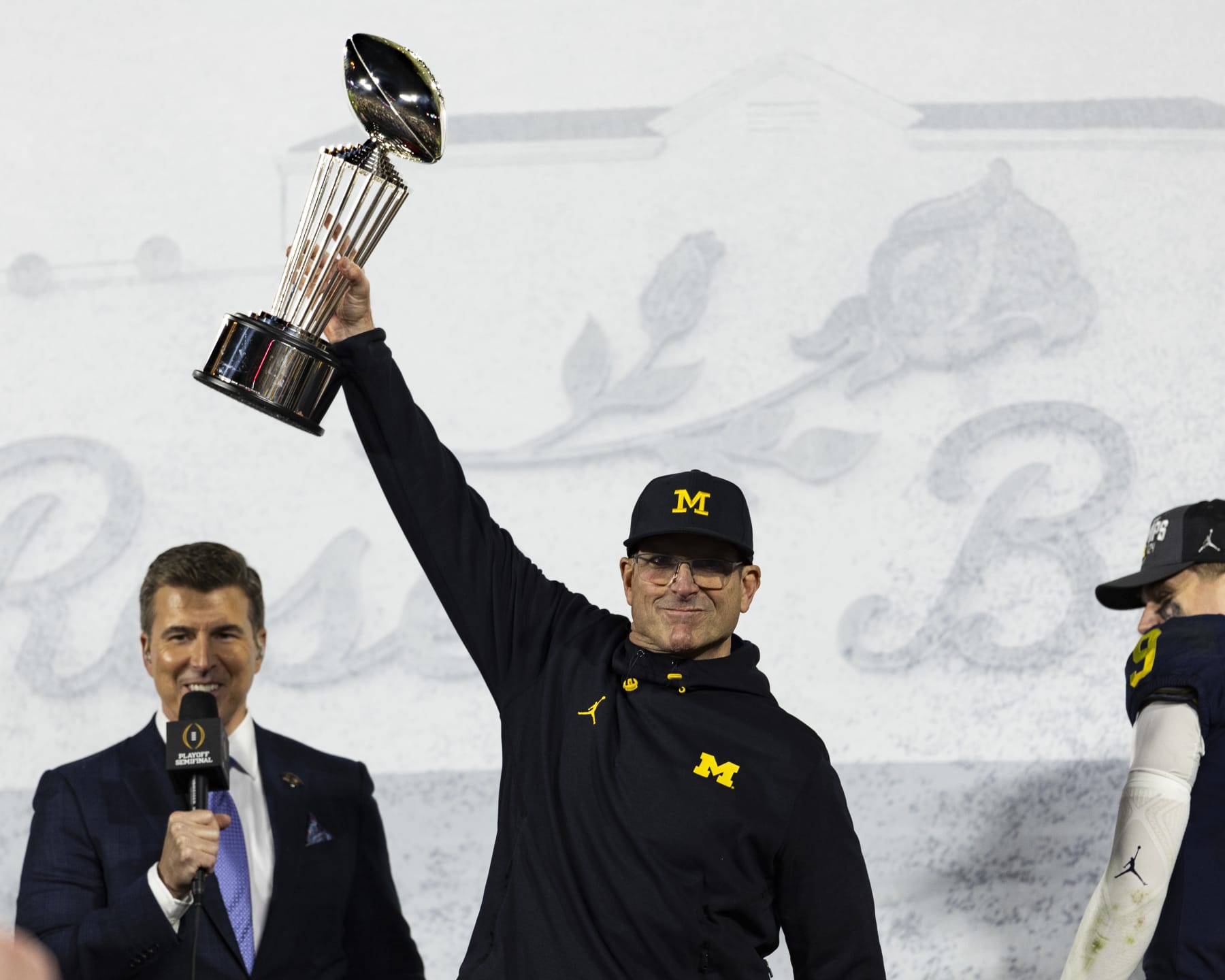 PASADENA, CA - JANUARY 01: Head Coach Jim Harbaugh of the Michigan Wolverines celebrate their Rose Bowl victory between University of Alabama and University of Michigan at the Rose Bowl on January 1, 2024 in Pasadena, California. (Photo by Steve Limentani/ISI Photos/Getty Images)