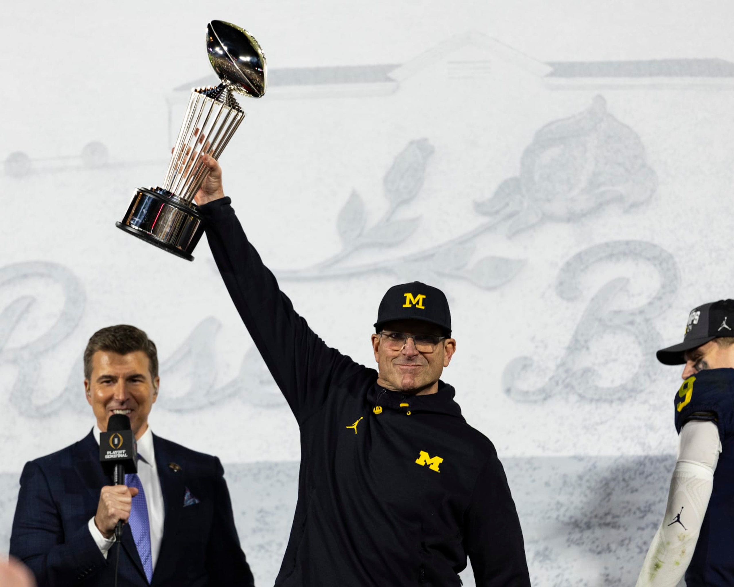PASADENA, CA - JANUARY 01: Head Coach Jim Harbaugh of the Michigan Wolverines celebrate their Rose Bowl victory between University of Alabama and University of Michigan at the Rose Bowl on January 1, 2024 in Pasadena, California. (Photo by Steve Limentani/ISI Photos/Getty Images) PASADENA, CA - JANUARY 01: Head Coach Jim Harbaugh of the Michigan Wolverines celebrate their Rose Bowl victory between University of Alabama and University of Michigan at the Rose Bowl on January 1, 2024 in Pasadena, California. (Photo by Steve Limentani/ISI Photos/Getty Images)