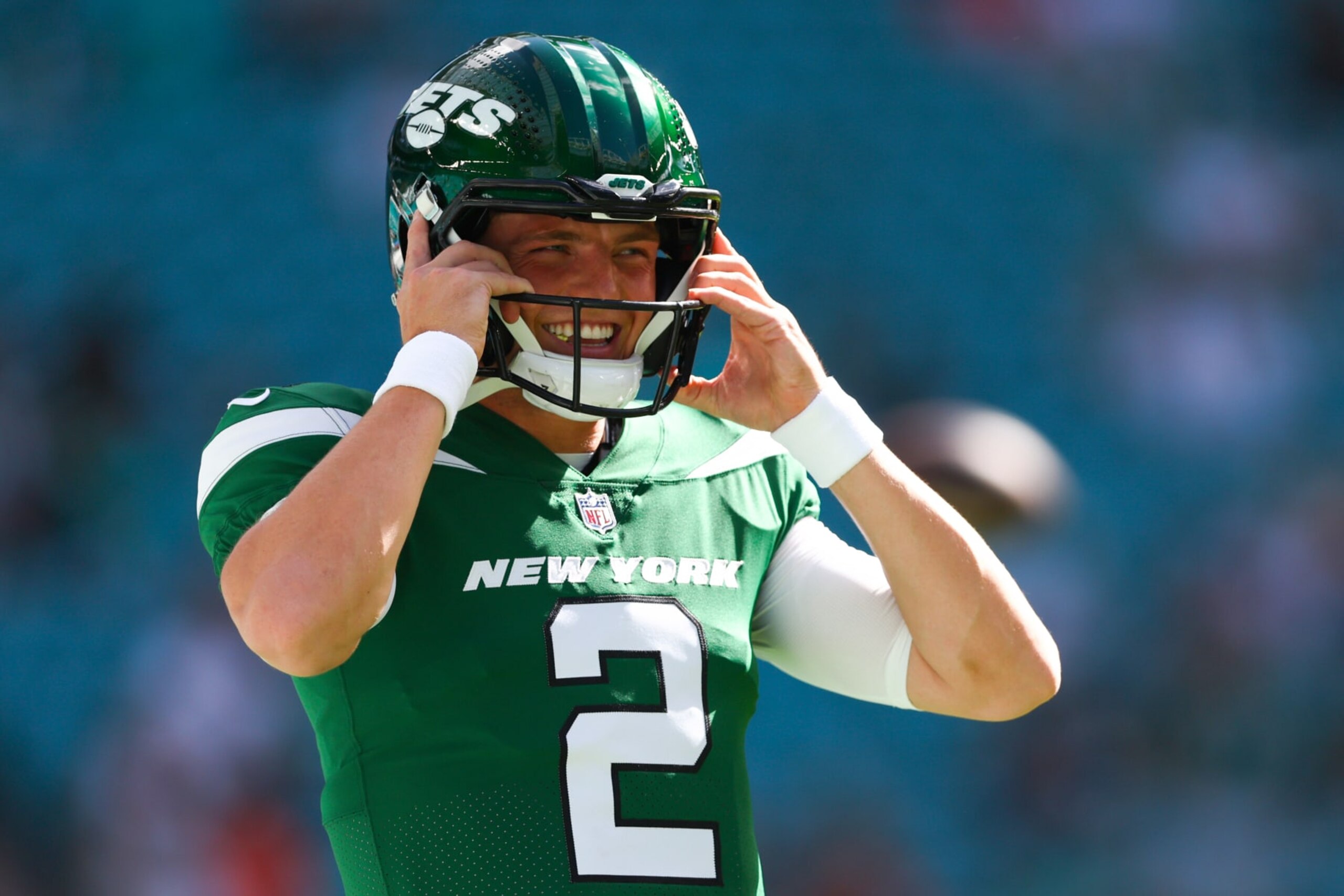 MIAMI GARDENS, FLORIDA - DECEMBER 17: Zach Wilson #2 of the New York Jets looks on prior to a game against the Miami Dolphins at Hard Rock Stadium on December 17, 2023 in Miami Gardens, Florida. (Photo by Megan Briggs/Getty Images)