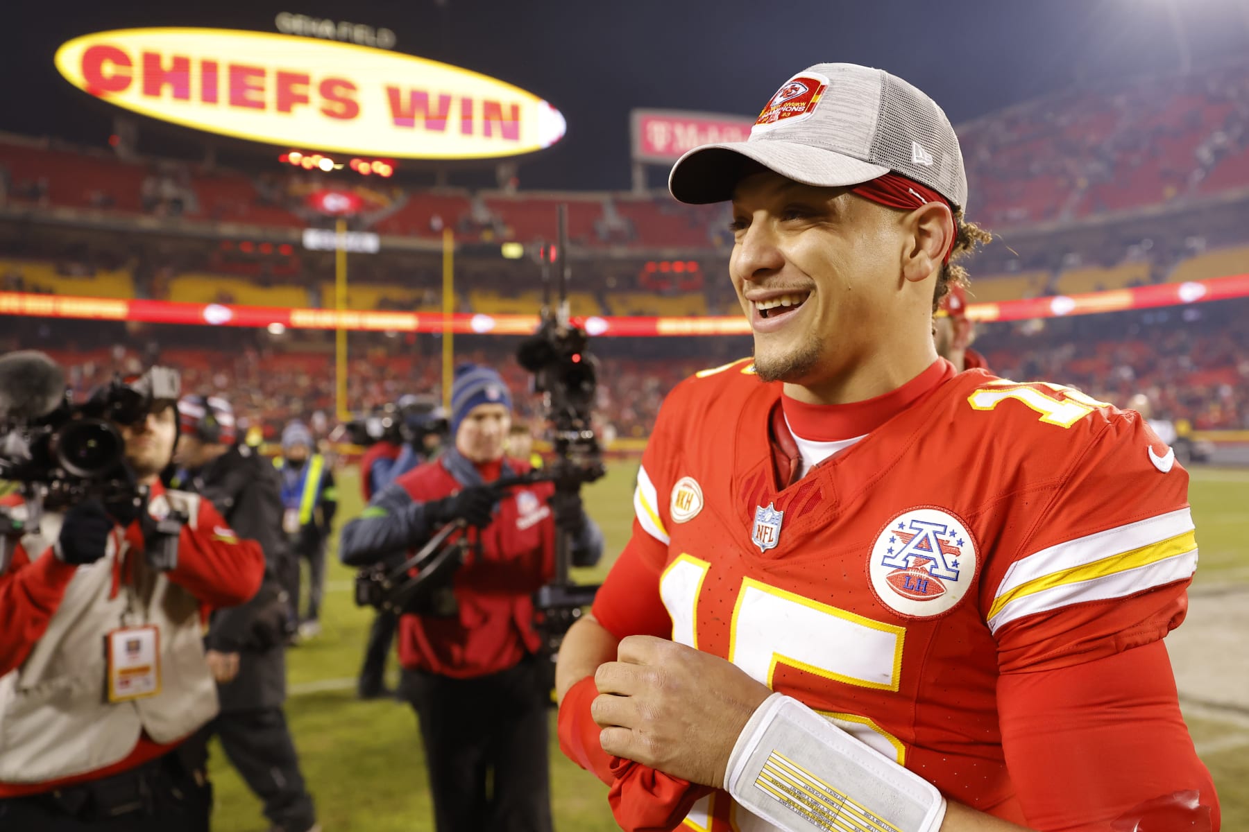 KANSAS CITY, MISSOURI - DECEMBER 31: Patrick Mahomes #15 of the Kansas City Chiefs leaves the field after the game against the Cincinnati Bengals at GEHA Field at Arrowhead Stadium on December 31, 2023 in Kansas City, Missouri. (Photo by David Eulitt/Getty Images)