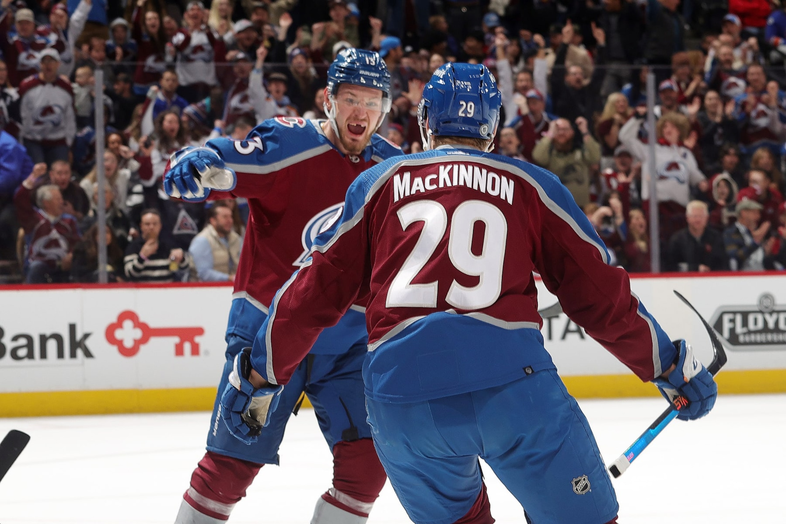Valeri Nichushkin and Nathan MacKinnon celebrate the latter's OT winner against the Isles. Valeri Nichushkin and Nathan MacKinnon celebrate the latter's OT winner against the Isles.