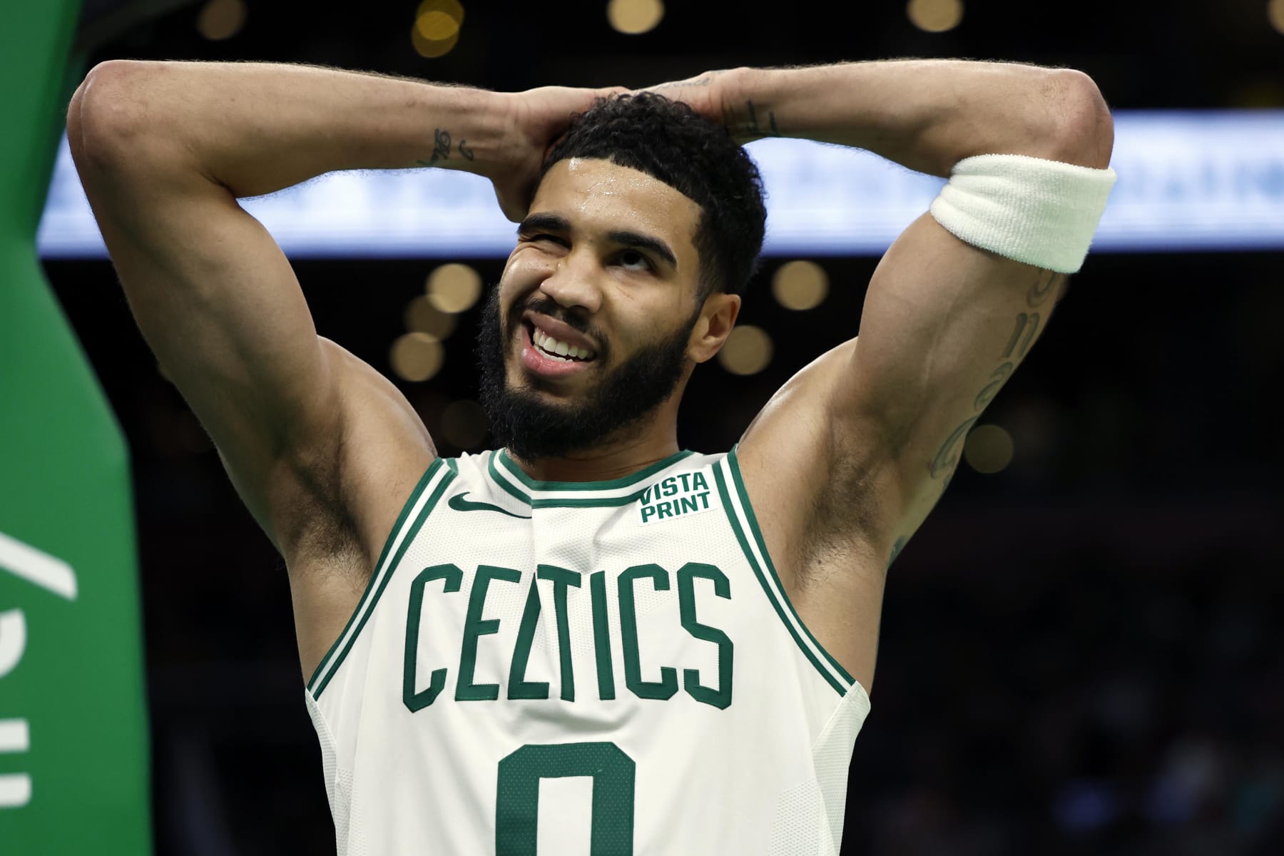 Boston, MA - December 28: Boston Celtics SF Jayson Tatum makes a face in the second half. The Celtics beat the Detroit Pistons, 128-122, in overtime. (Photo by Danielle Parhizkaran/The Boston Globe via Getty Images)