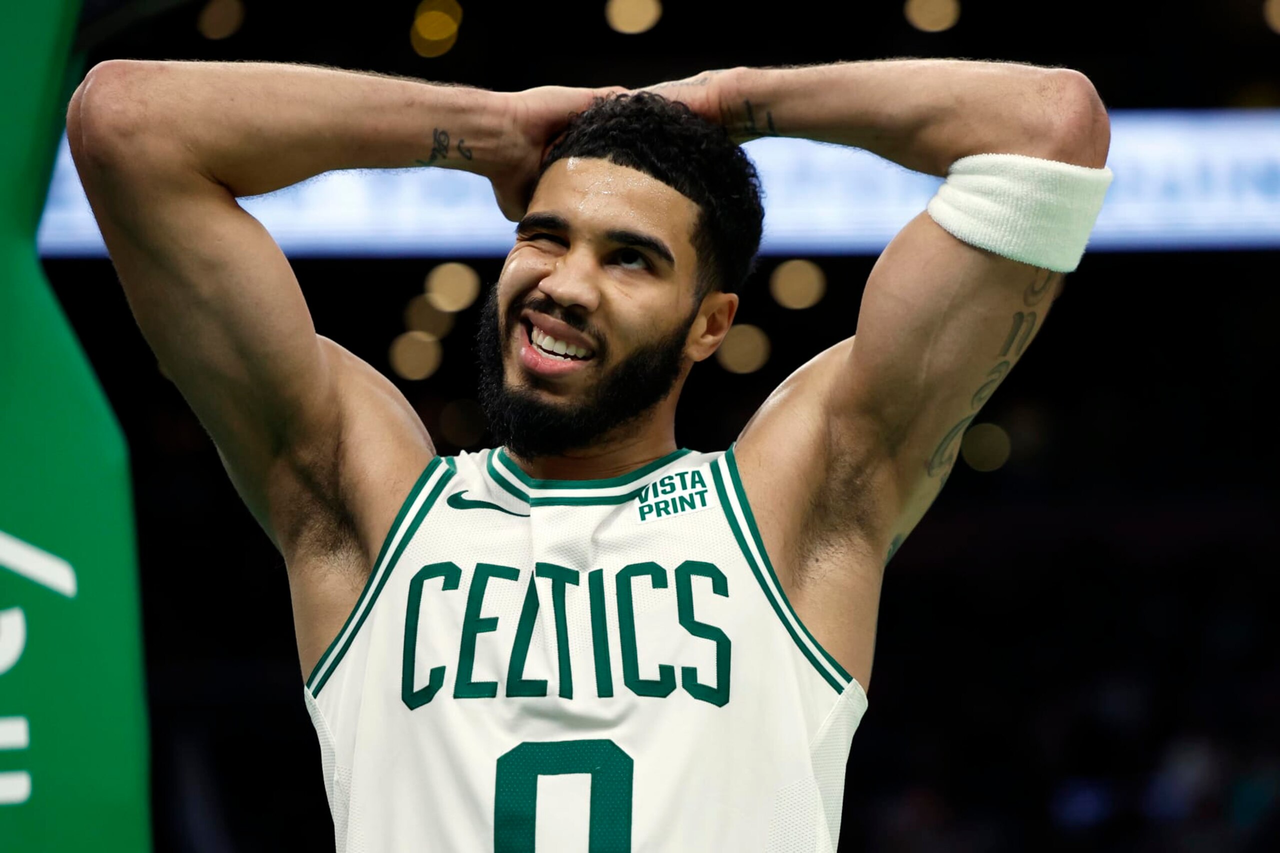 Boston, MA - December 28: Boston Celtics SF Jayson Tatum makes a face in the second half. The Celtics beat the Detroit Pistons, 128-122, in overtime. (Photo by Danielle Parhizkaran/The Boston Globe via Getty Images)