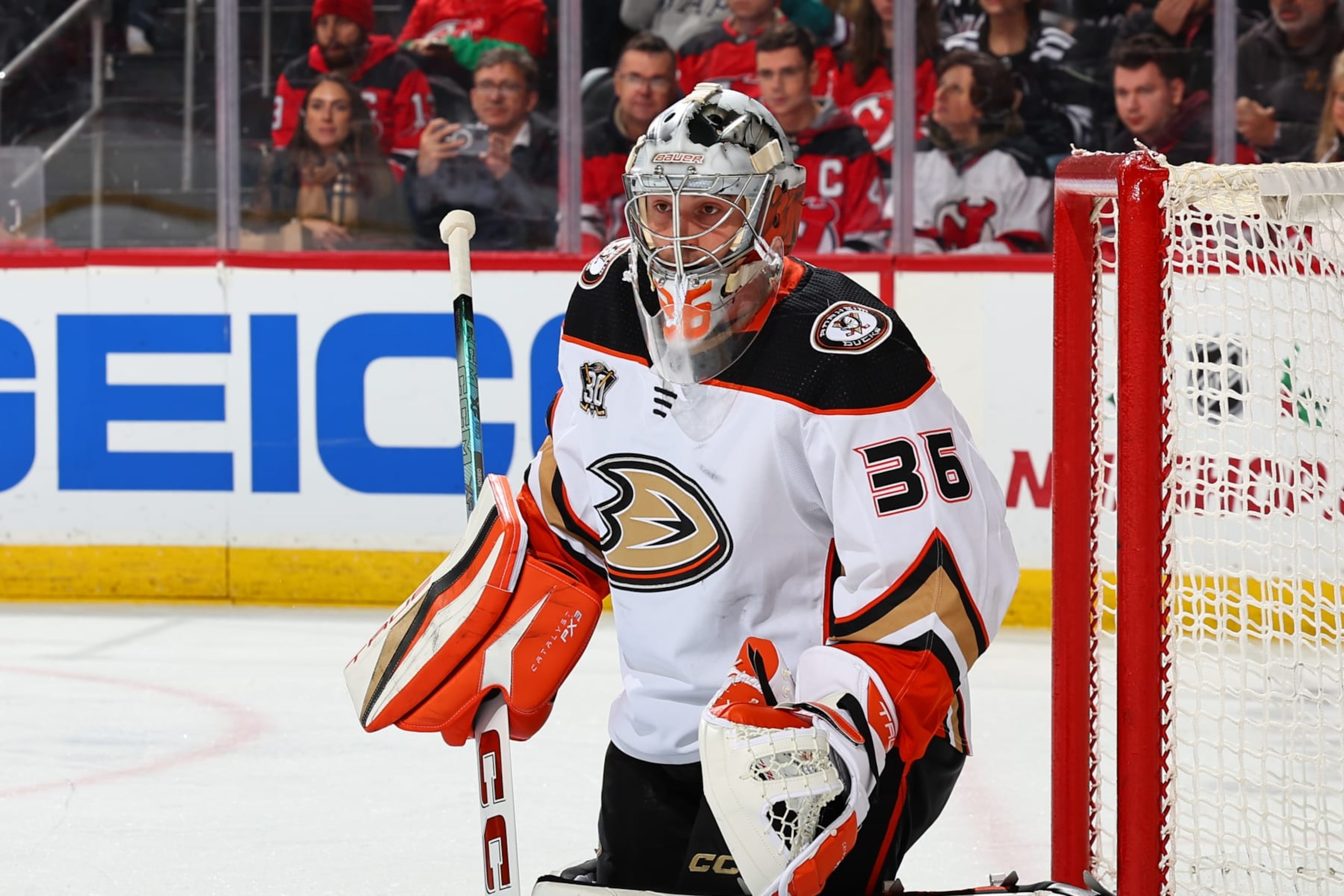 NEWARK, NJ - DECEMBER 17: John Gibson #36 of the Anaheim Ducks defends his net in the first period of the game against the New Jersey Devils at the Prudential Center on December 17, 2023 in Newark, New Jersey. (Photo by Rich Graessle/NHLI via Getty Images) NEWARK, NJ - DECEMBER 17: John Gibson #36 of the Anaheim Ducks defends his net in the first period of the game against the New Jersey Devils at the Prudential Center on December 17, 2023 in Newark, New Jersey. (Photo by Rich Graessle/NHLI via Getty Images)