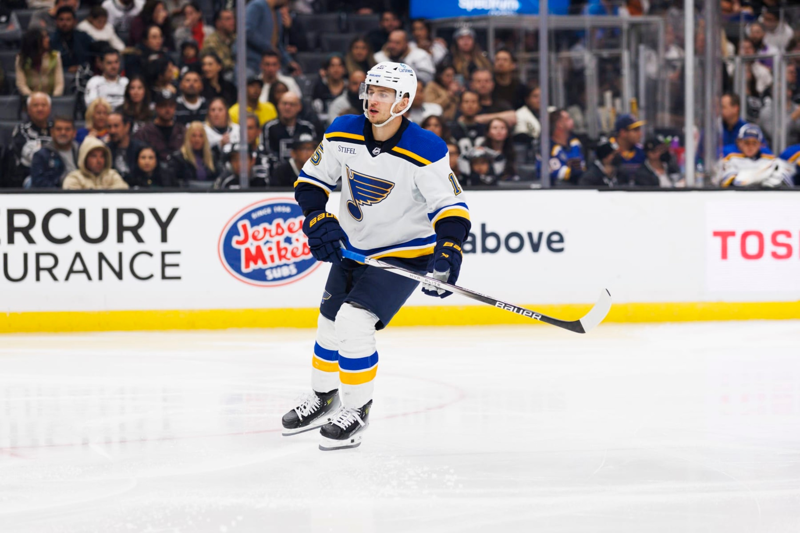 LOS ANGELES, CA - NOVEMBER 18: St. Louis Blues left wing Jakub Vrana (15) skates during an NHL hockey game against the Los Angeles Kings on November 18, 2023 at Crypto.com Arena in Los Angeles, CA. (Photo by Ric Tapia/Icon Sportswire via Getty Images) LOS ANGELES, CA - NOVEMBER 18: St. Louis Blues left wing Jakub Vrana (15) skates during an NHL hockey game against the Los Angeles Kings on November 18, 2023 at Crypto.com Arena in Los Angeles, CA. (Photo by Ric Tapia/Icon Sportswire via Getty Images)
