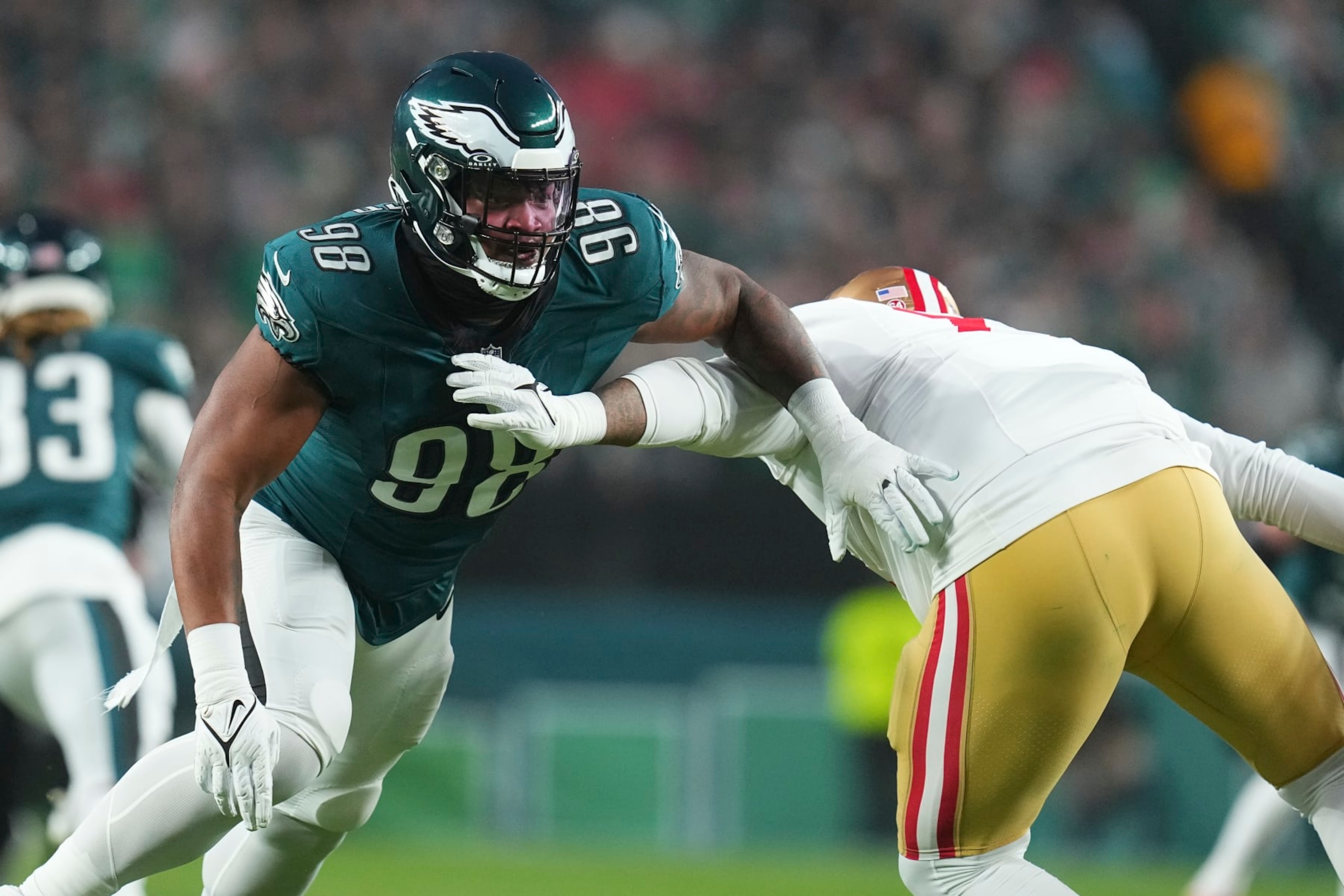 PHILADELPHIA, PENNSYLVANIA - DECEMBER 3: Jalen Carter #98 of the Philadelphia Eagles rushes the passer against Trent Williams #71 of the San Francisco 49ers at Lincoln Financial Field on December 3, 2023 in Philadelphia, Pennsylvania. (Photo by Mitchell Leff/Getty Images)
