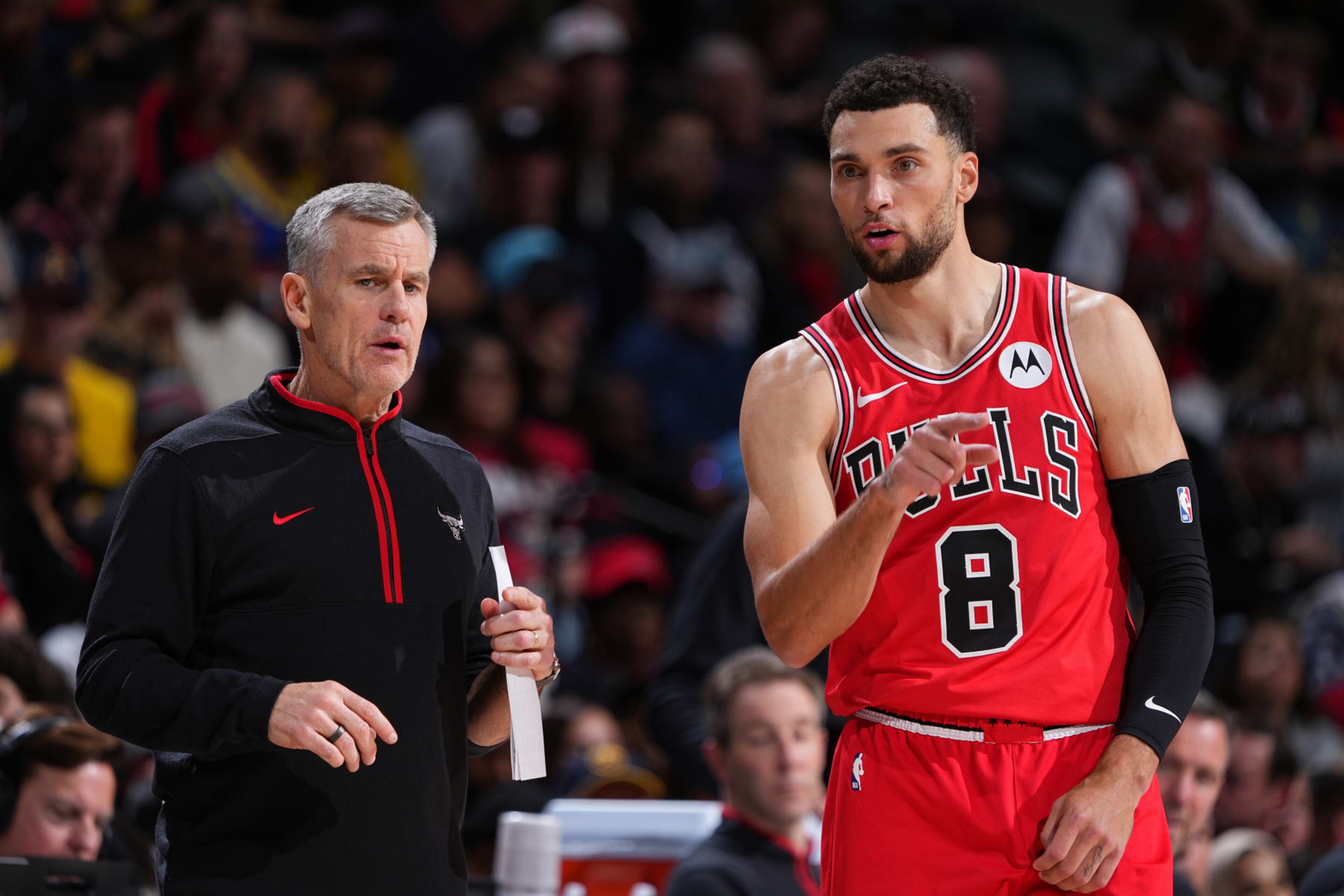 DENVER, CO - NOVEMBER 4: Zach LaVine #8 and Head Coach Billy Donovan of the Chicago Bulls talk during the game against the Denver Nuggets on November 4, 2023 at the Ball Arena in Denver, Colorado. NOTE TO USER: User expressly acknowledges and agrees that, by downloading and/or using this Photograph, user is consenting to the terms and conditions of the Getty Images License Agreement. Mandatory Copyright Notice: Copyright 2023 NBAE (Photo by Garrett Ellwood/NBAE via Getty Images) DENVER, CO - NOVEMBER 4: Zach LaVine #8 and Head Coach Billy Donovan of the Chicago Bulls talk during the game against the Denver Nuggets on November 4, 2023 at the Ball Arena in Denver, Colorado. NOTE TO USER: User expressly acknowledges and agrees that, by downloading and/or using this Photograph, user is consenting to the terms and conditions of the Getty Images License Agreement. Mandatory Copyright Notice: Copyright 2023 NBAE (Photo by Garrett Ellwood/NBAE via Getty Images)