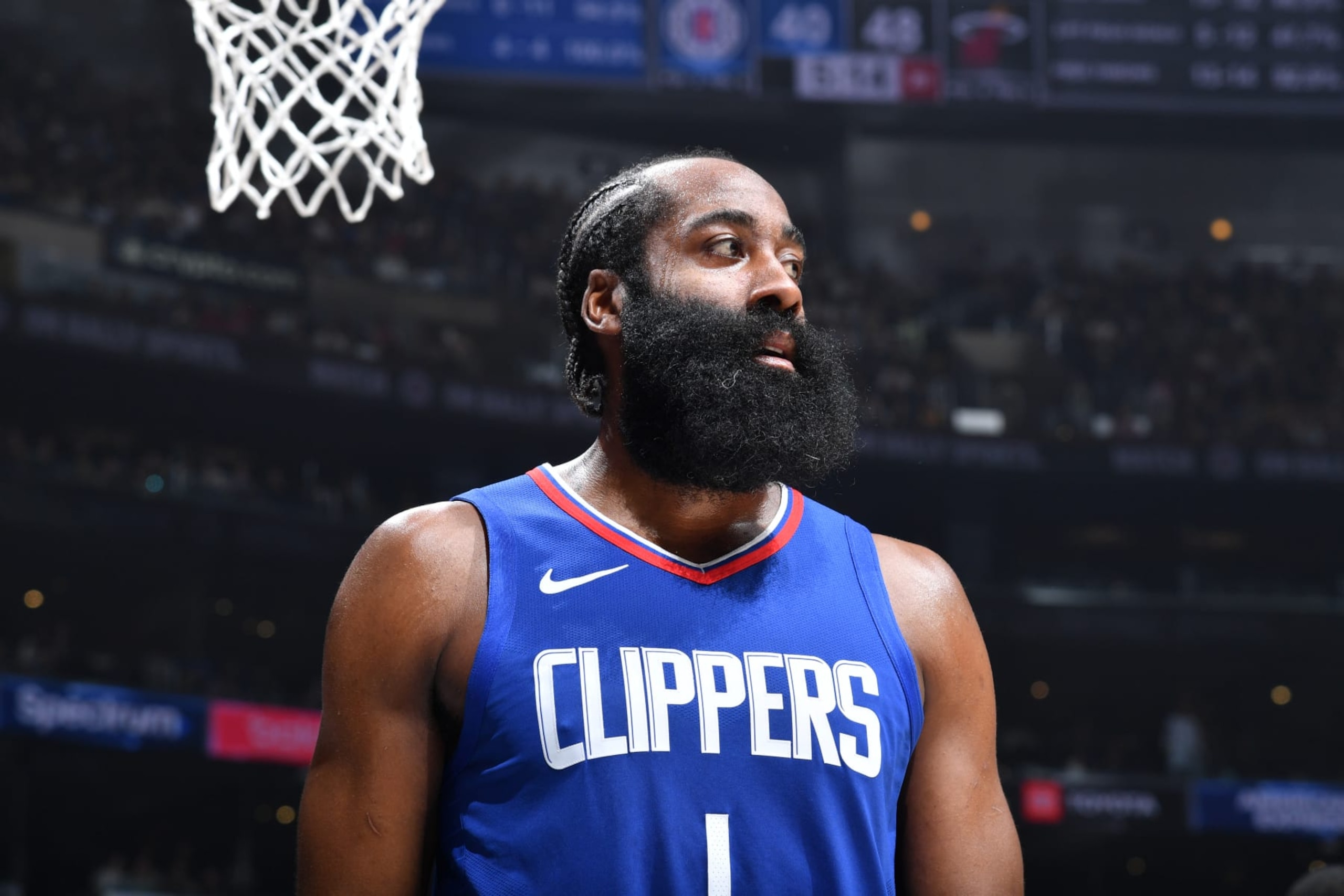 LOS ANGELES, CA - JANUARY 1: James Harden #1 of the LA Clippers looks on during the game against the Miami Heat on January 1, 2024 at Crypto.Com Arena in Los Angeles, California. NOTE TO USER: User expressly acknowledges and agrees that, by downloading and/or using this Photograph, user is consenting to the terms and conditions of the Getty Images License Agreement. Mandatory Copyright Notice: Copyright 2024 NBAE (Photo by Juan Ocampo/NBAE via Getty Images)