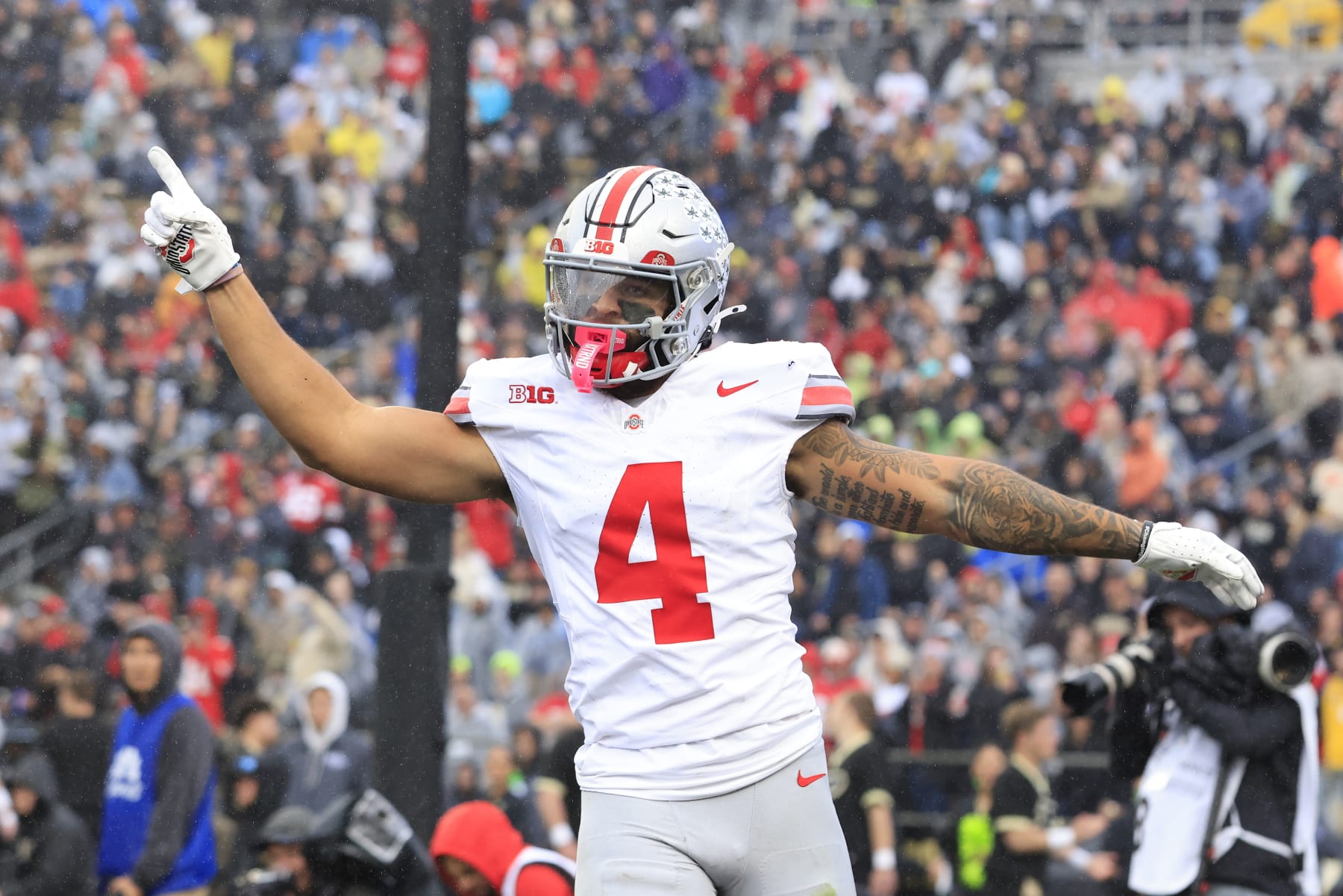 WEST LAFAYETTE, INDIANA - OCTOBER 14: Julian Fleming #4 of the Ohio State Buckeyes reacts in the game against the Purdue Boilermakers at Ross-Ade Stadium on October 14, 2023 in West Lafayette, Indiana. (Photo by Justin Casterline/Getty Images)