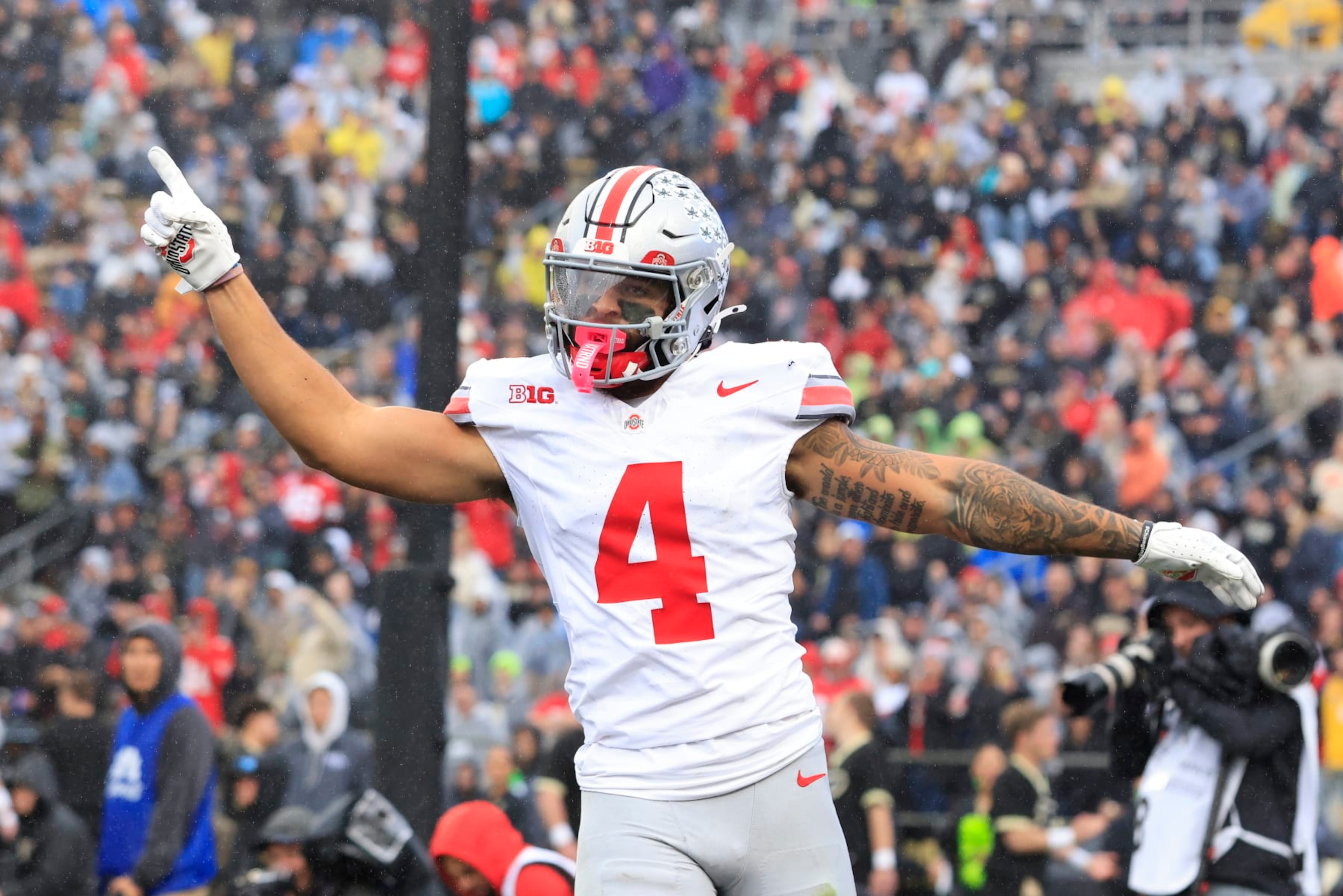 WEST LAFAYETTE, INDIANA - OCTOBER 14: Julian Fleming #4 of the Ohio State Buckeyes reacts in the game against the Purdue Boilermakers at Ross-Ade Stadium on October 14, 2023 in West Lafayette, Indiana. (Photo by Justin Casterline/Getty Images)