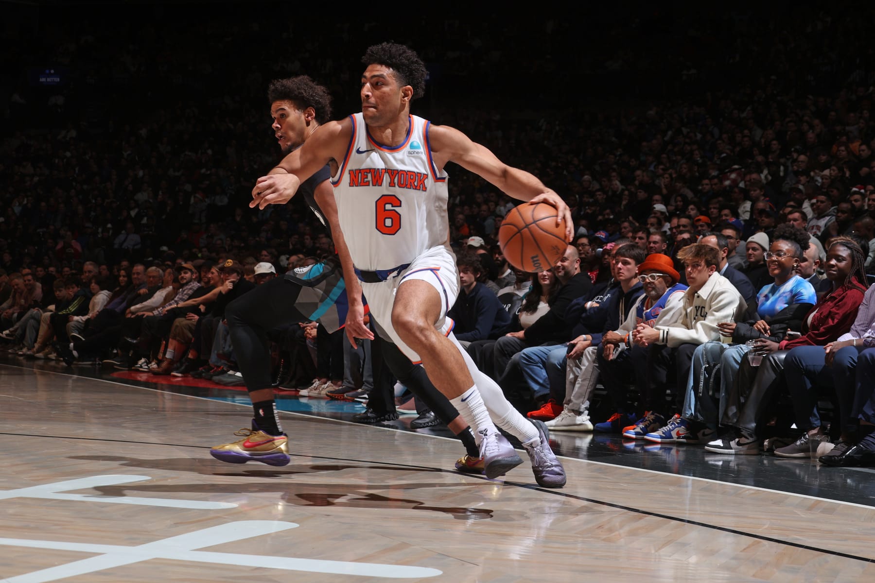 BROOKLYN, NY - DECEMBER 20: Quentin Grimes #6 of the New York Knicks dribbles the ball during the game against the Brooklyn Nets on December 20, 2023 at Barclays Center in Brooklyn, New York. NOTE TO USER: User expressly acknowledges and agrees that, by downloading and or using this Photograph, user is consenting to the terms and conditions of the Getty Images License Agreement. Mandatory Copyright Notice: Copyright 2023 NBAE (Photo by Nathaniel S. Butler/NBAE via Getty Images)