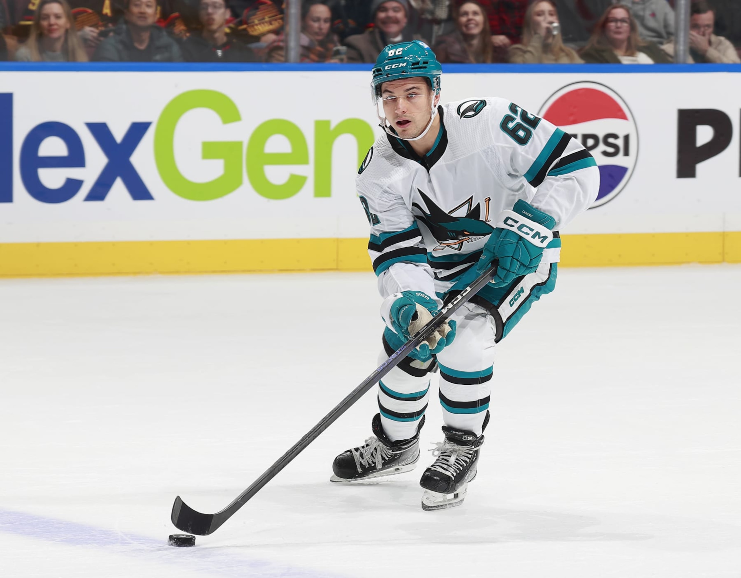 VANCOUVER, CANADA - DECEMBER 23: Kevin Labanc #62 of the San Jose Sharks skates up ice during their NHL game against the Vancouver Canucks at Rogers Arena on December 23, 2023 in Vancouver, British Columbia, Canada. (Photo by Jeff Vinnick/NHLI via Getty Images) VANCOUVER, CANADA - DECEMBER 23: Kevin Labanc #62 of the San Jose Sharks skates up ice during their NHL game against the Vancouver Canucks at Rogers Arena on December 23, 2023 in Vancouver, British Columbia, Canada. (Photo by Jeff Vinnick/NHLI via Getty Images)