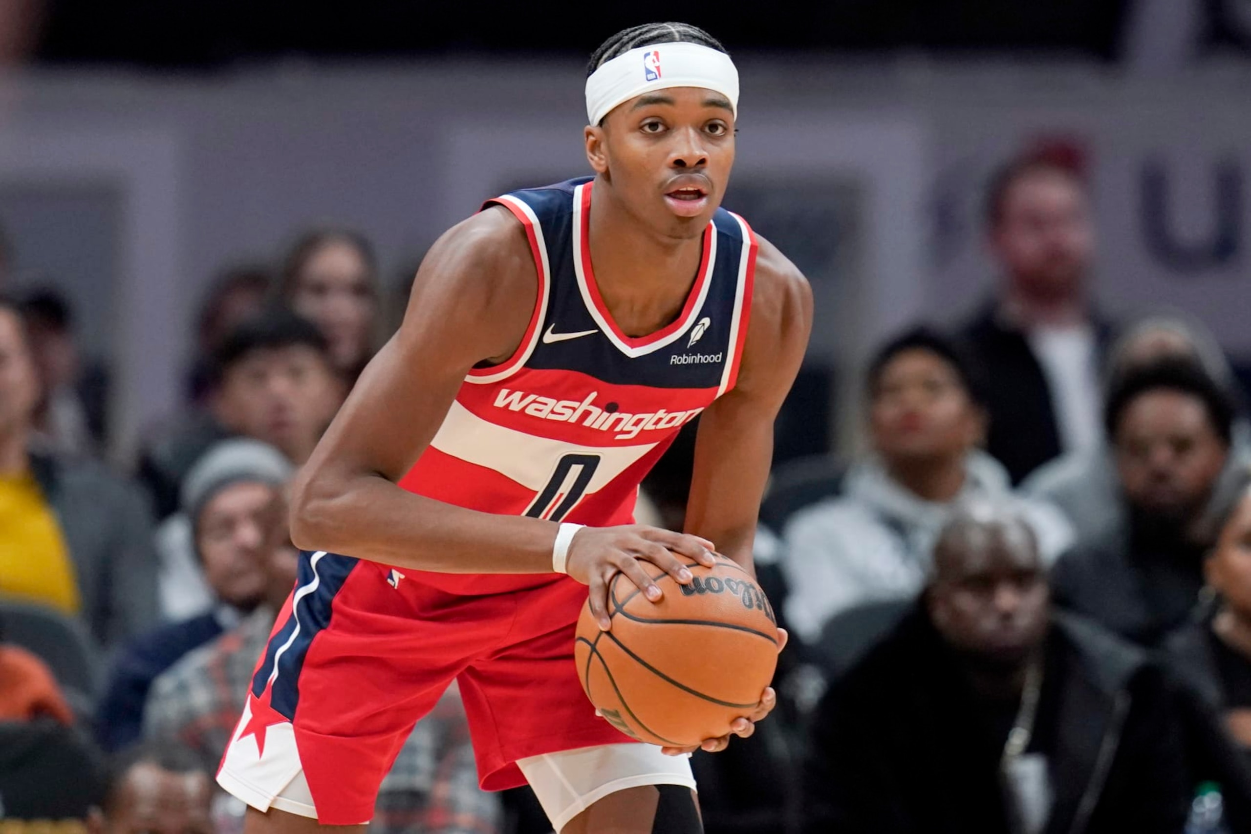 WASHINGTON, DC - DECEMBER 29: Bilal Coulibaly #0 of the Washington Wizards passes the ball during the first half against the Brooklyn Nets at Capital One Arena on December 29, 2023 in Washington, DC. NOTE TO USER: User expressly acknowledges and agrees that, by downloading and or using this photograph, User is consenting to the terms and conditions of the Getty Images License Agreement. (Photo by Jess Rapfogel/Getty Images)