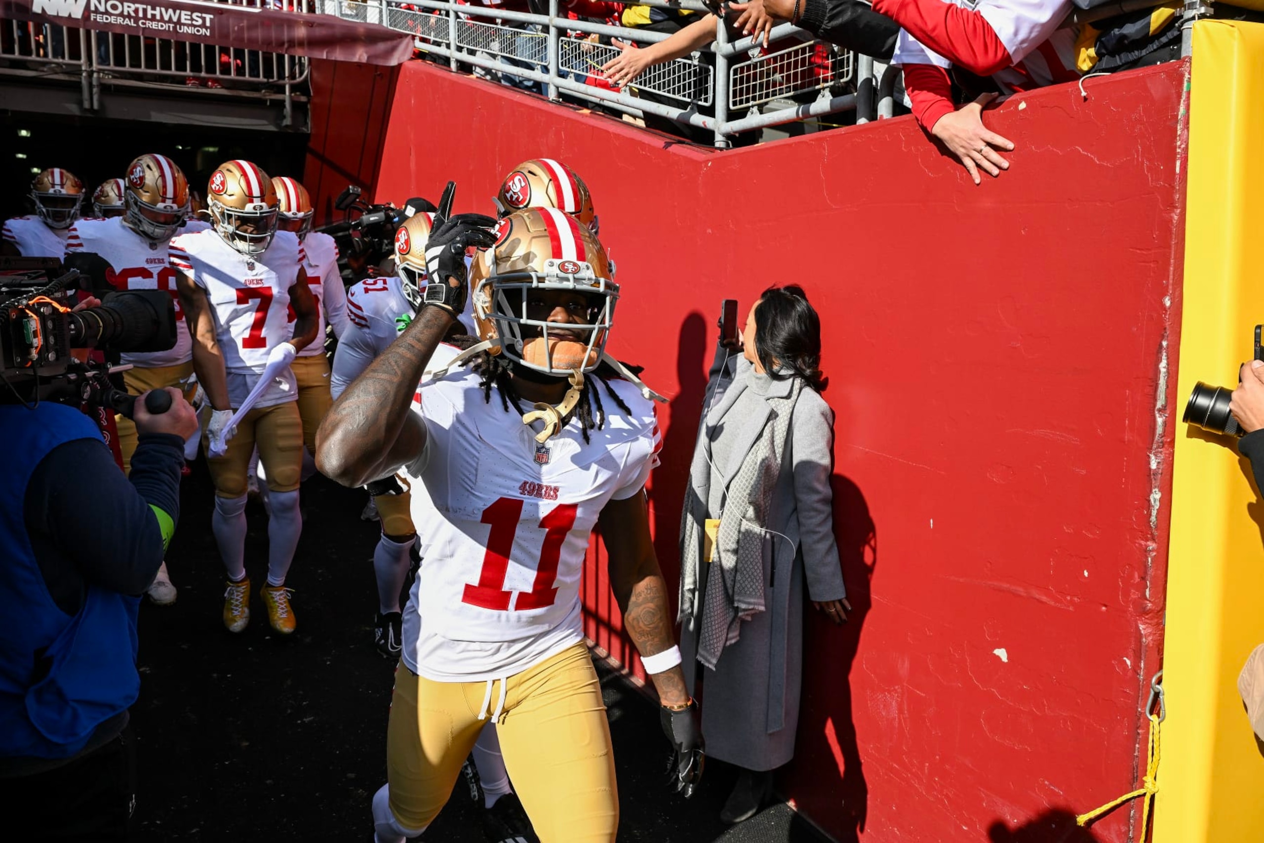 LANDOVER, MARYLAND - DECEMBER 31: Brandon Aiyuk #11 of the San Francisco 49ers takes the field prior to a game on Commanders at FedExField on December 31, 2023 in Landover, Maryland. (Photo by Greg Fiume/Getty Images) LANDOVER, MARYLAND - DECEMBER 31: Brandon Aiyuk #11 of the San Francisco 49ers takes the field prior to a game on Commanders at FedExField on December 31, 2023 in Landover, Maryland. (Photo by Greg Fiume/Getty Images)