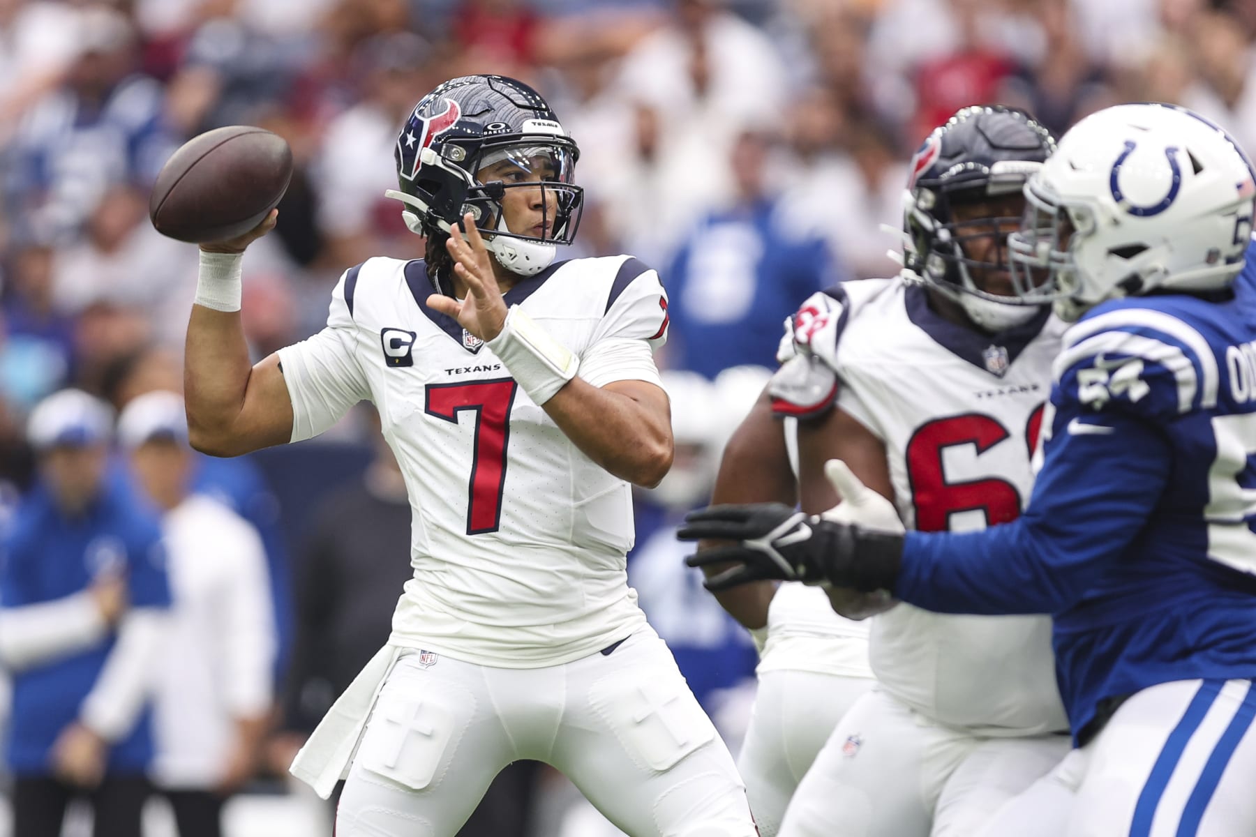 HOUSTON, TX - SEPTEMBER 17: C.J. Stroud #7 of the Houston Texans throws the ball during a football game against the Indianapolis Colts at NRG Stadium on September 17, 2023 in Houston, Texas. (Photo by Perry Knotts/Getty Images)