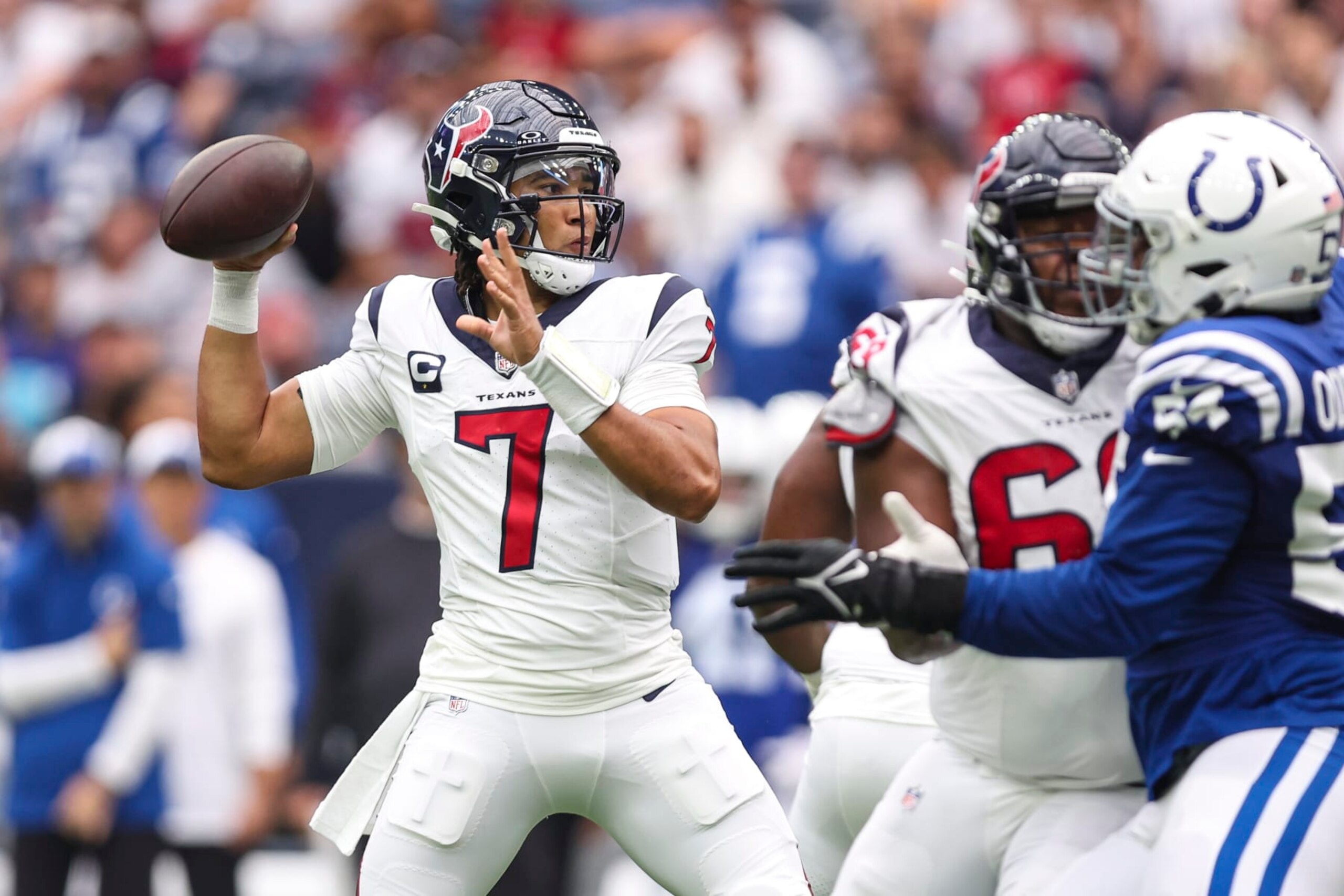 HOUSTON, TX - SEPTEMBER 17: C.J. Stroud #7 of the Houston Texans throws the ball during a football game against the Indianapolis Colts at NRG Stadium on September 17, 2023 in Houston, Texas. (Photo by Perry Knotts/Getty Images) HOUSTON, TX - SEPTEMBER 17: C.J. Stroud #7 of the Houston Texans throws the ball during a football game against the Indianapolis Colts at NRG Stadium on September 17, 2023 in Houston, Texas. (Photo by Perry Knotts/Getty Images)