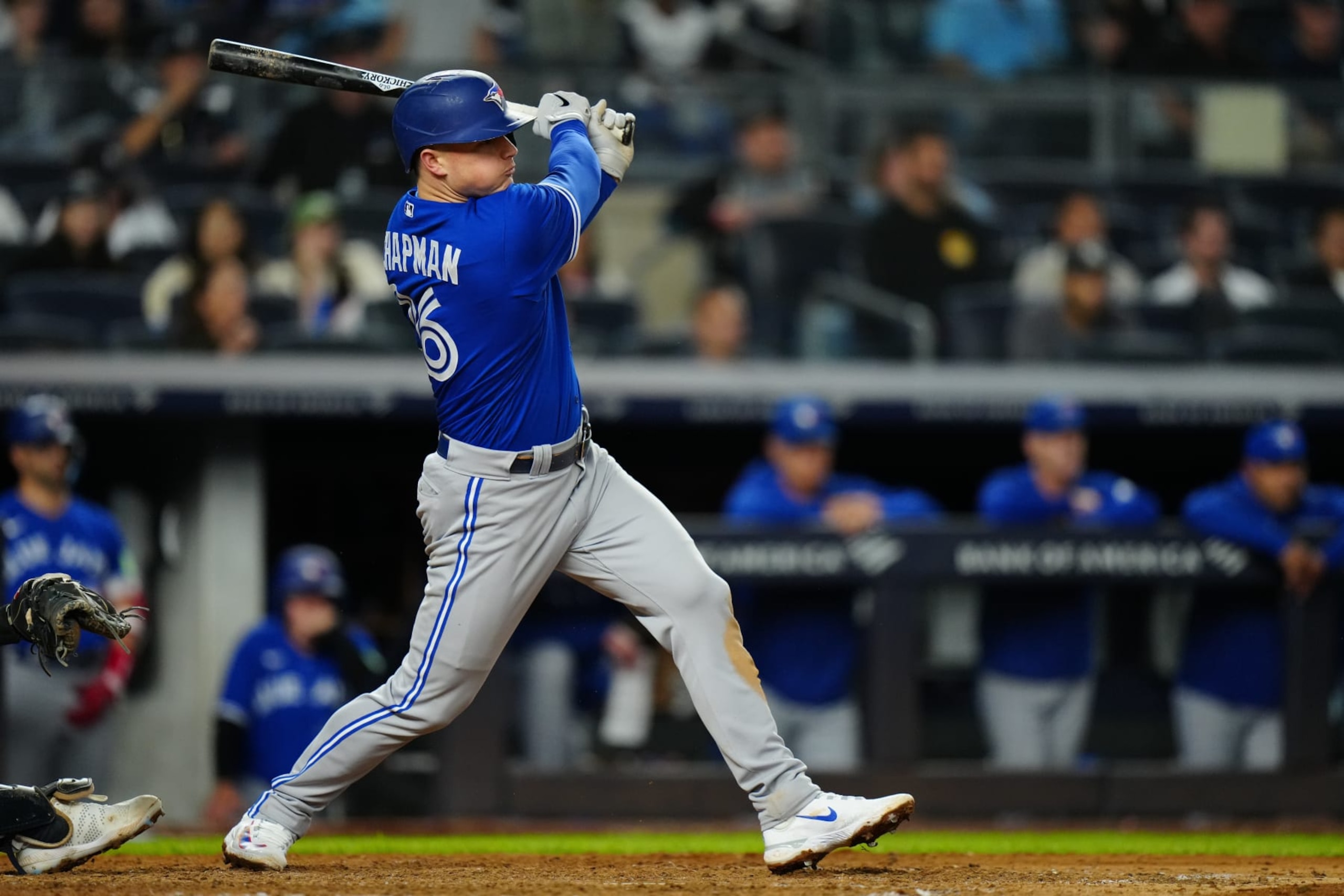 NEW YORK, NY - SEPTEMBER 21:  Matt Chapman #26 of the Toronto Blue Jays hits a one RBI single in the ninth inning during the game between the Toronto Blue Jays and the New York Yankees at Yankee Stadium on Thursday, September 21, 2023 in New York, New York. (Photo by Daniel Shirey/MLB Photos via Getty Images)