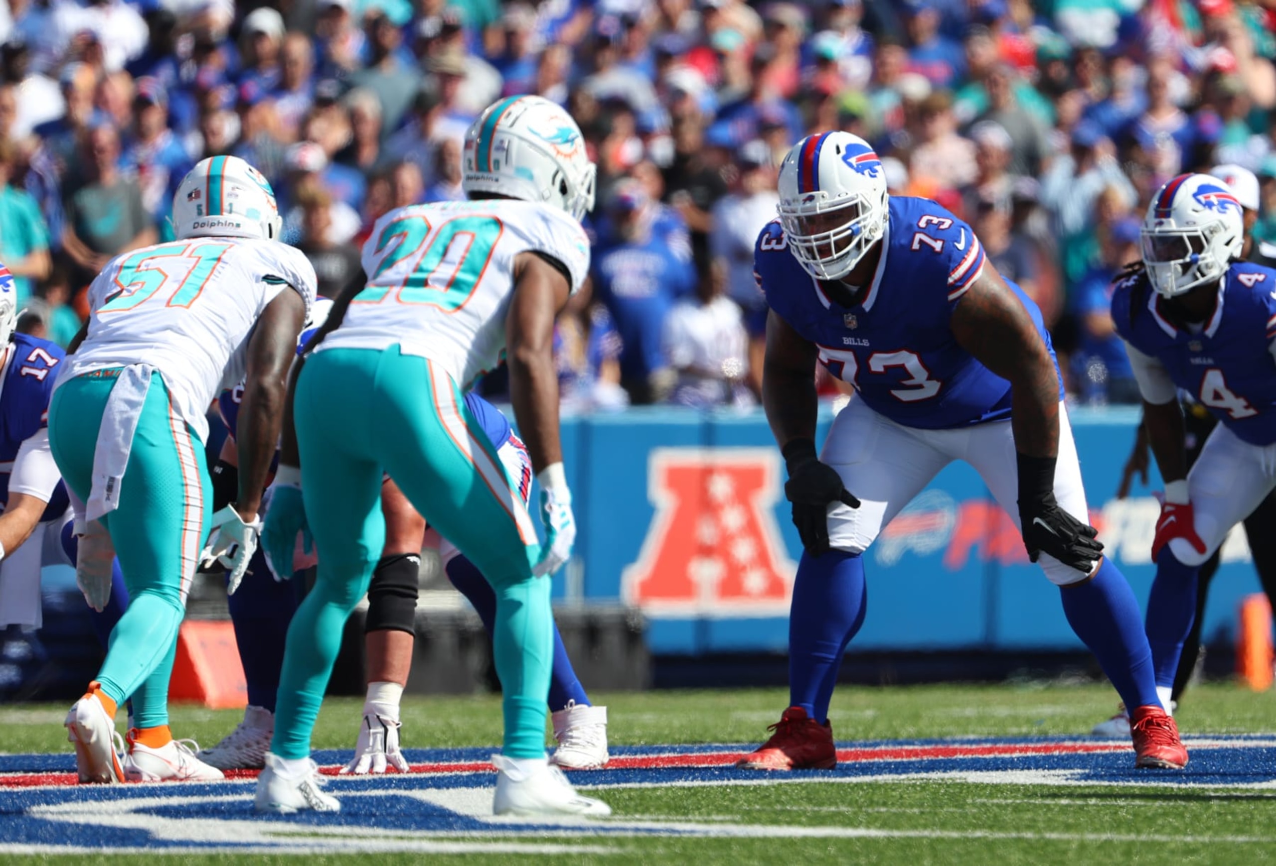 ORCHARD PARK, NEW YORK - OCTOBER 1: Dion Dawkins #73 of the Buffalo Bills looks to make a block against the Miami Dolphins at Highmark Stadium on October 1, 2023 in Orchard Park, New York. (Photo by Timothy T Ludwig/Getty Images)