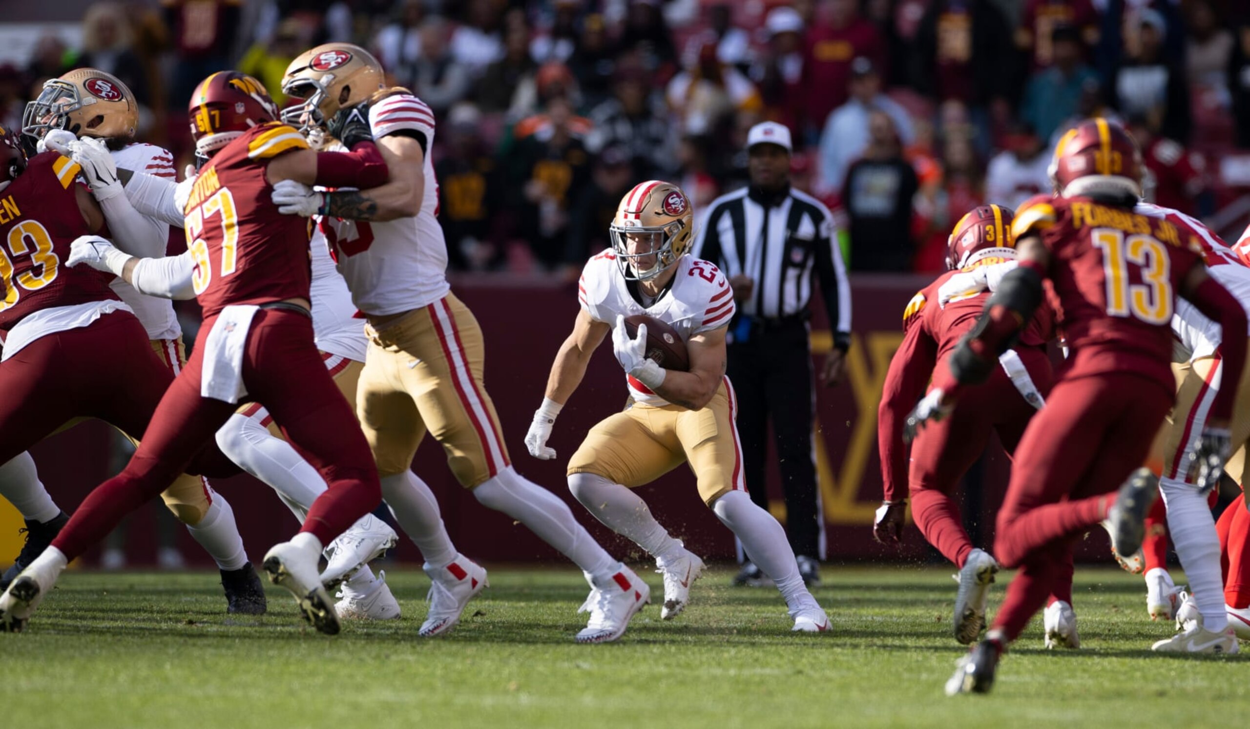 LANDOVER, MD - DECEMBER 31: Christian McCaffrey #23 of the San Francisco 49ers rushes during the game against the Washington Commanders at FedEx Field on December 31, 2023 in Landover, Maryland. The 49ers defeated the Commanders 27-10. (Photo by Michael Zagaris/San Francisco 49ers/Getty Images)