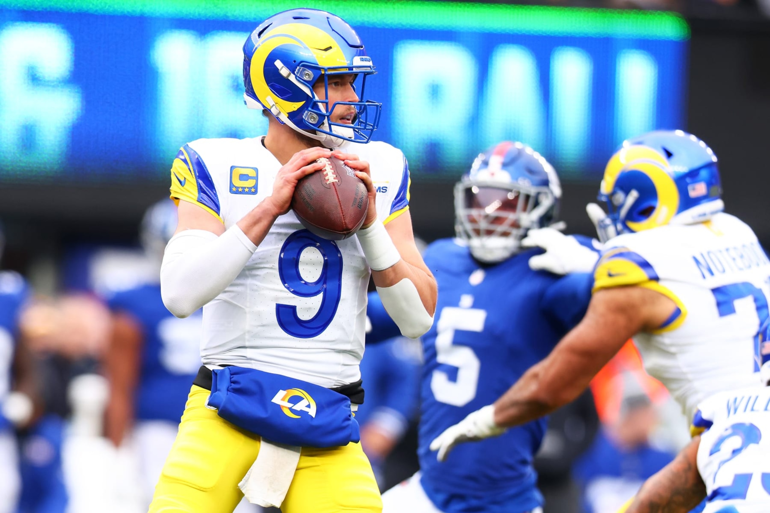 EAST RUTHERFORD, NEW JERSEY - DECEMBER 31: Matthew Stafford #9 of the Los Angeles Rams in action against the New York Giants at MetLife Stadium on December 31, 2023 in East Rutherford, New Jersey. Los Angeles Rams defeated the New York Giants 26-25. (Photo by Mike Stobe/Getty Images)