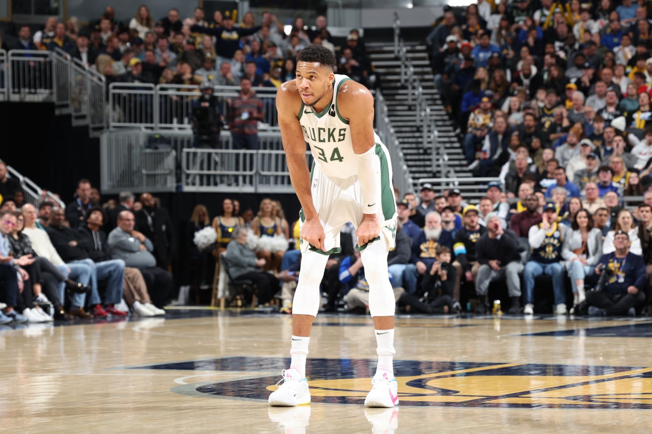 INDIANAPOLIS, IN - JANUARY 3: Giannis Antetokounmpo #34 of the Milwaukee Bucks looks on during the game against the Indiana Pacers on January 3, 2024 at Gainbridge Fieldhouse in Indianapolis, Indiana. NOTE TO USER: User expressly acknowledges and agrees that, by downloading and or using this Photograph, user is consenting to the terms and conditions of the Getty Images License Agreement. Mandatory Copyright Notice: Copyright 2024 NBAE (Photo by Jeff Haynes/NBAE via Getty Images)