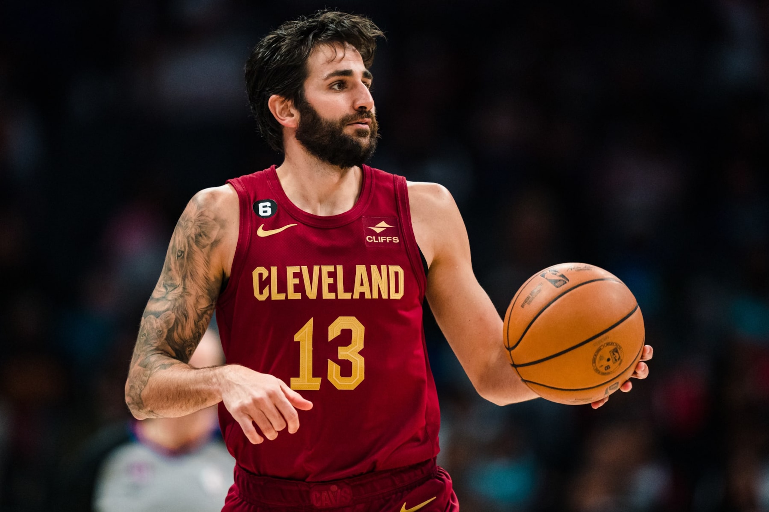 CHARLOTTE, NORTH CAROLINA - MARCH 12: Ricky Rubio #13 of the Cleveland Cavaliers brings the ball up court in the fourth quarter during their game against the Charlotte Hornets at Spectrum Center on March 12, 2023 in Charlotte, North Carolina. NOTE TO USER: User expressly acknowledges and agrees that, by downloading and or using this photograph, User is consenting to the terms and conditions of the Getty Images License Agreement. (Photo by Jacob Kupferman/Getty Images) CHARLOTTE, NORTH CAROLINA - MARCH 12: Ricky Rubio #13 of the Cleveland Cavaliers brings the ball up court in the fourth quarter during their game against the Charlotte Hornets at Spectrum Center on March 12, 2023 in Charlotte, North Carolina. NOTE TO USER: User expressly acknowledges and agrees that, by downloading and or using this photograph, User is consenting to the terms and conditions of the Getty Images License Agreement. (Photo by Jacob Kupferman/Getty Images)
