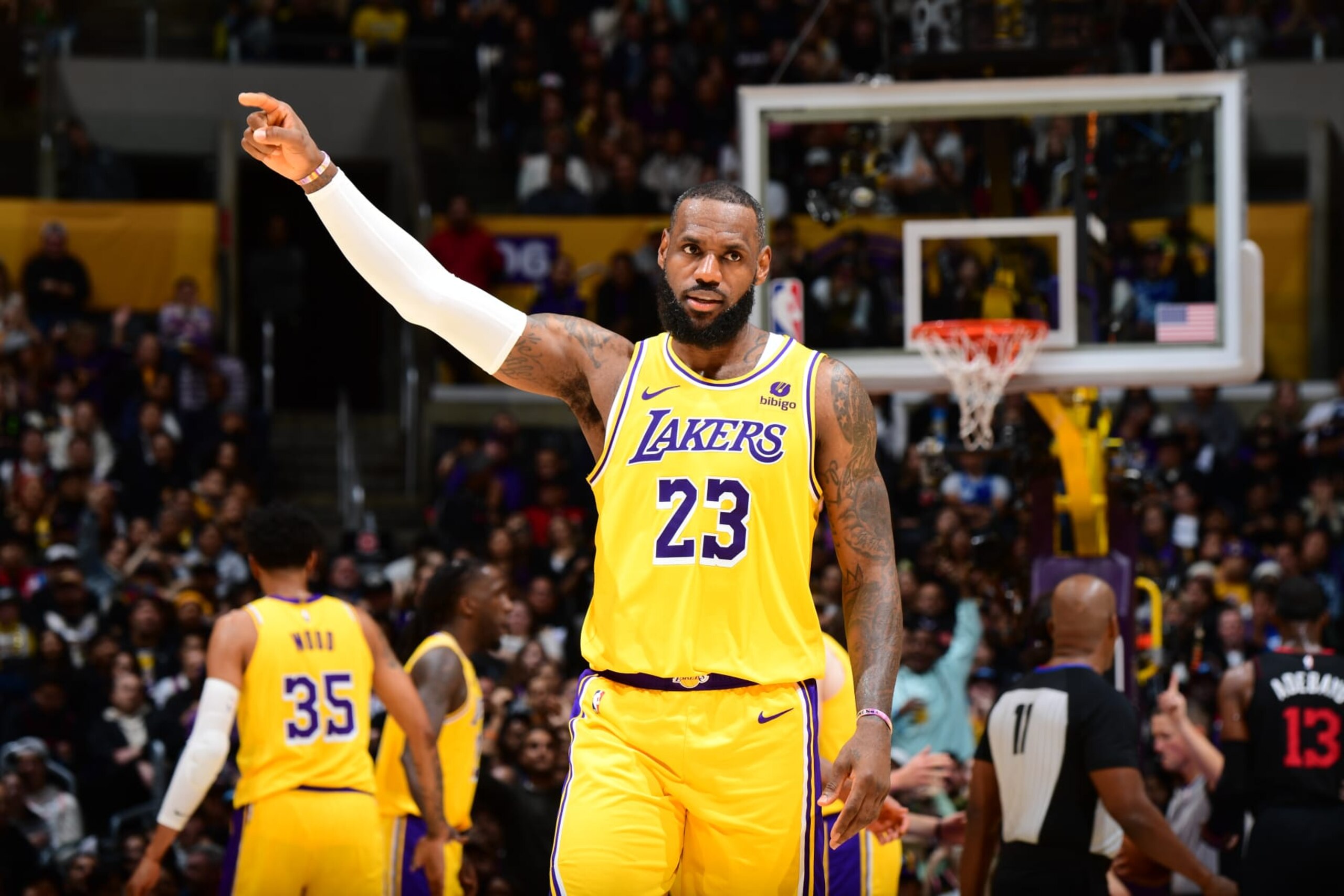 LOS ANGELES, CA - JANUARY 3: LeBron James #23 of the Los Angeles Lakers celebrates during the game against the Miami Heat on January 3, 2024 at Crypto.Com Arena in Los Angeles, California. NOTE TO USER: User expressly acknowledges and agrees that, by downloading and/or using this Photograph, user is consenting to the terms and conditions of the Getty Images License Agreement. Mandatory Copyright Notice: Copyright 2024 NBAE (Photo by Adam Pantozzi/NBAE via Getty Images)