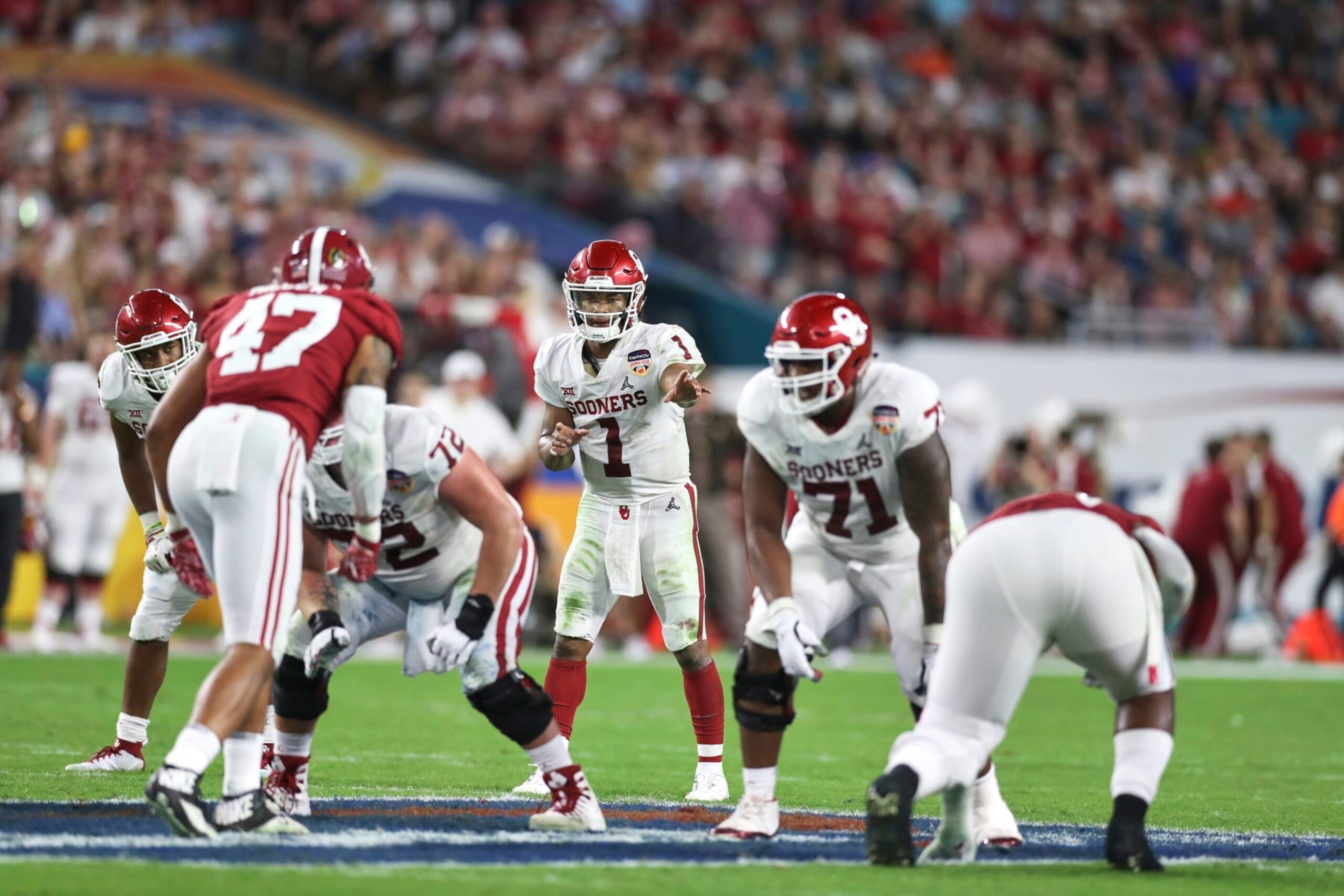 College Football: CFP National Semifinal: Oklahoma QB Kyler Murray (1) calling signals vs Alabama at Hard Rock Stadium.
Miami Gardens, FL 12/29/2018
CREDIT: Simon Bruty (Photo by Simon Bruty /Sports Illustrated via Getty Images)
(Set Number: X162391 TK1 ) College Football: CFP National Semifinal: Oklahoma QB Kyler Murray (1) calling signals vs Alabama at Hard Rock Stadium.
Miami Gardens, FL 12/29/2018
CREDIT: Simon Bruty (Photo by Simon Bruty /Sports Illustrated via Getty Images)
(Set Number: X162391 TK1 )