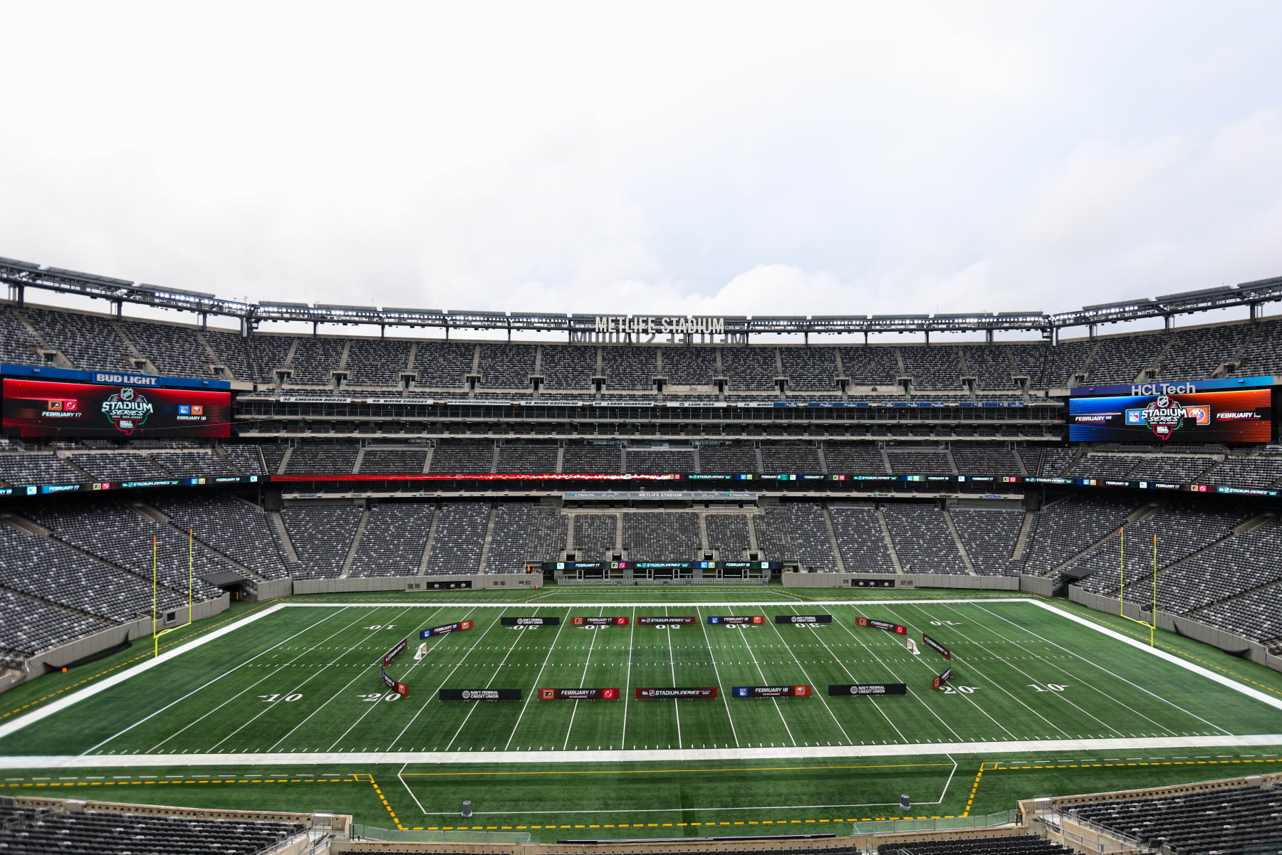 EAST RUTHERFORD, NJ - NOVEMBER 01:  Overview of the rink layout prior to the 2024 Navy Federal Credit Union NHL Stadium Series News Conference at MetLife Stadium on November 1, 2023 in East Rutherford, New Jersey. (Photo by Jared Silber/NHLI via Getty Images)