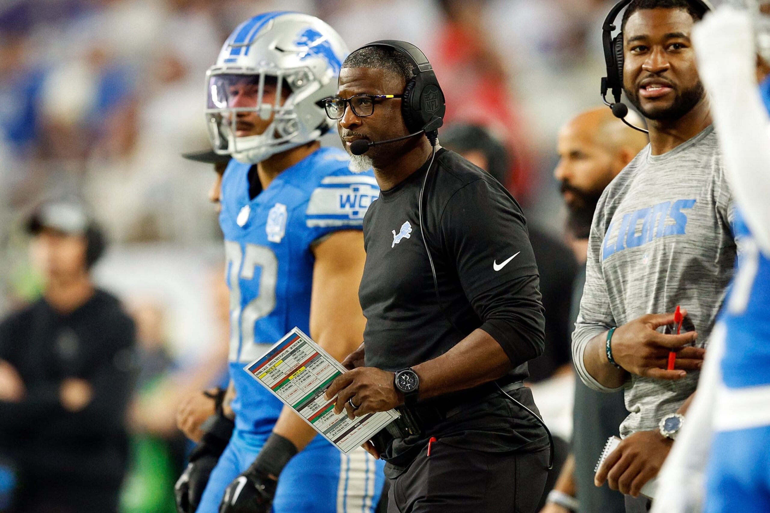 MINNEAPOLIS, MINNESOTA - DECEMBER 24: Defensive coordinator Aaron Glenn of the Detroit Lions looks on against the Minnesota Vikings in the first half at U.S. Bank Stadium on December 24, 2023 in Minneapolis, Minnesota. The Lions defeated the Vikings 30-24. (Photo by David Berding/Getty Images)