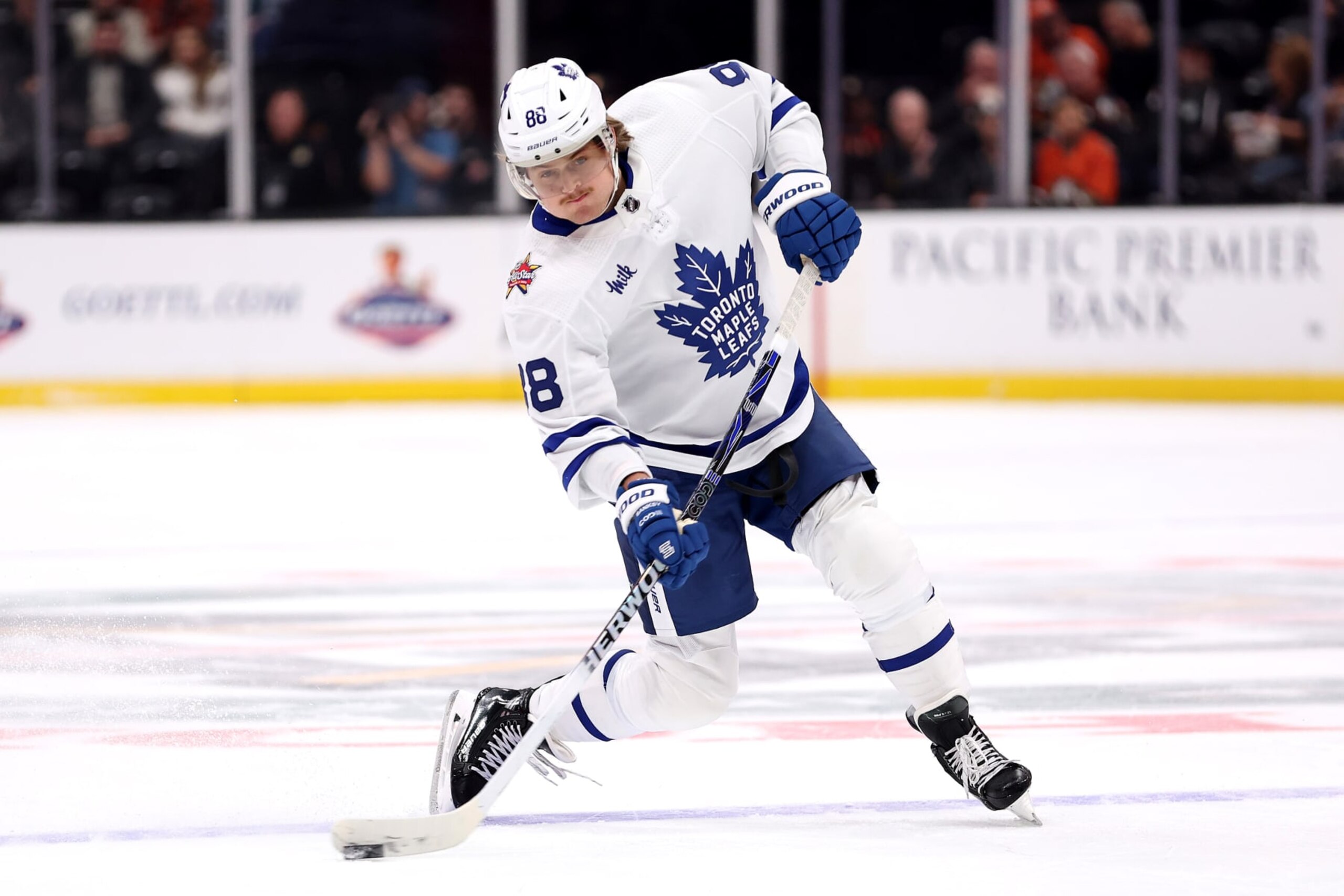 ANAHEIM, CALIFORNIA - JANUARY 03: William Nylander #88 of the Toronto Maple Leafs shoots the puck during the first period of a game against the Anaheim Ducks at Honda Center on January 03, 2024 in Anaheim, California. (Photo by Sean M. Haffey/Getty Images) ANAHEIM, CALIFORNIA - JANUARY 03: William Nylander #88 of the Toronto Maple Leafs shoots the puck during the first period of a game against the Anaheim Ducks at Honda Center on January 03, 2024 in Anaheim, California. (Photo by Sean M. Haffey/Getty Images)