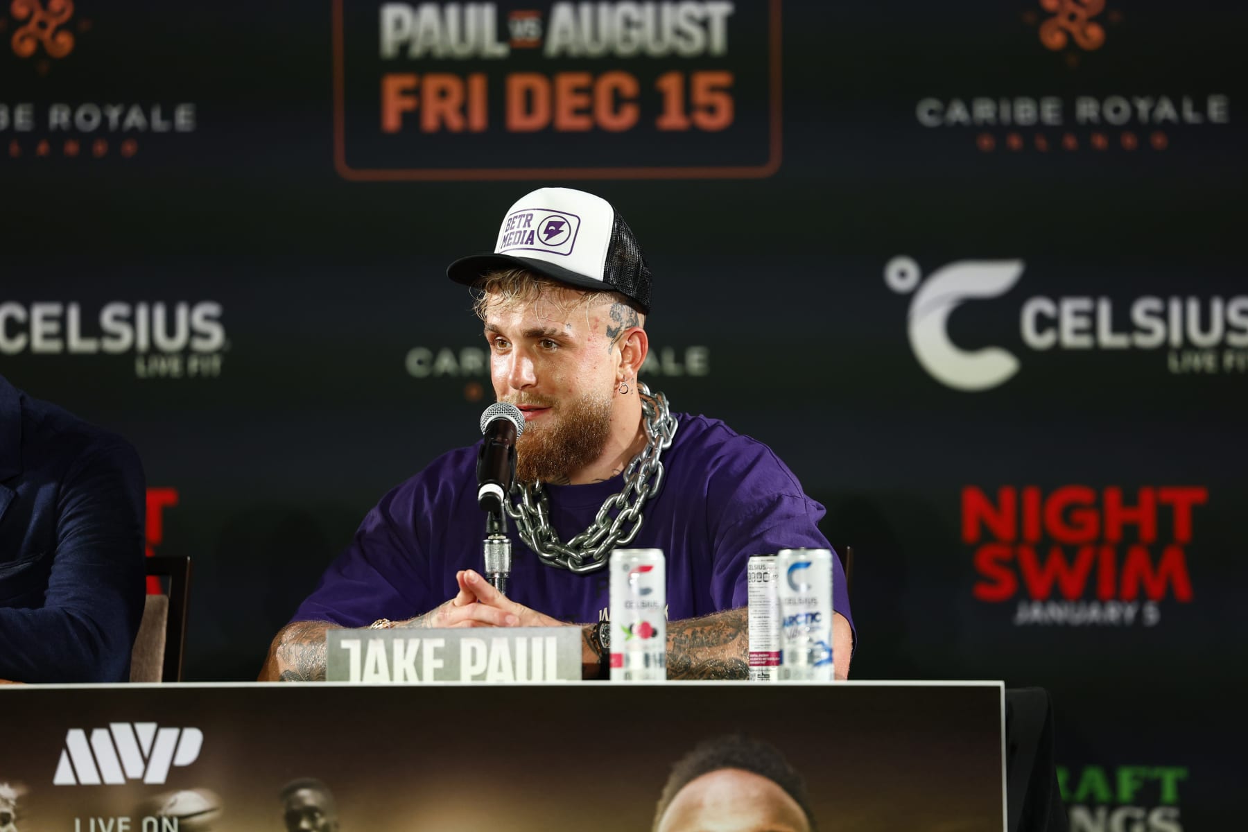 ORLANDO, FLORIDA - DECEMBER 15: Jake Paul speaks after knocking out Andre August in the first round during the Jake Paul v Andre August at Caribe Royale Orlando on December 15, 2023 in Orlando, Florida. (Photo by Douglas P. DeFelice/Getty Images for CELSIUS)