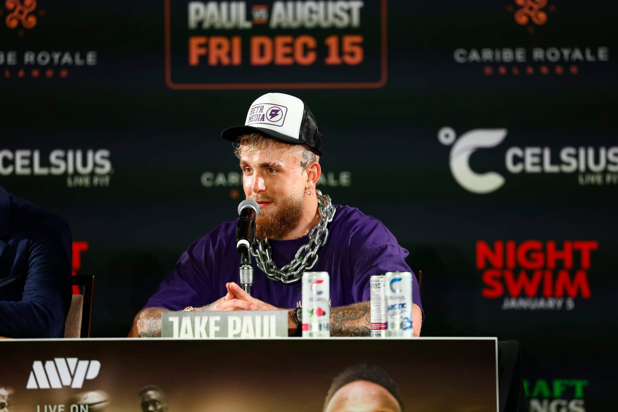 ORLANDO, FLORIDA - DECEMBER 15: Jake Paul speaks after knocking out Andre August in the first round during the Jake Paul v Andre August at Caribe Royale Orlando on December 15, 2023 in Orlando, Florida. (Photo by Douglas P. DeFelice/Getty Images for CELSIUS)