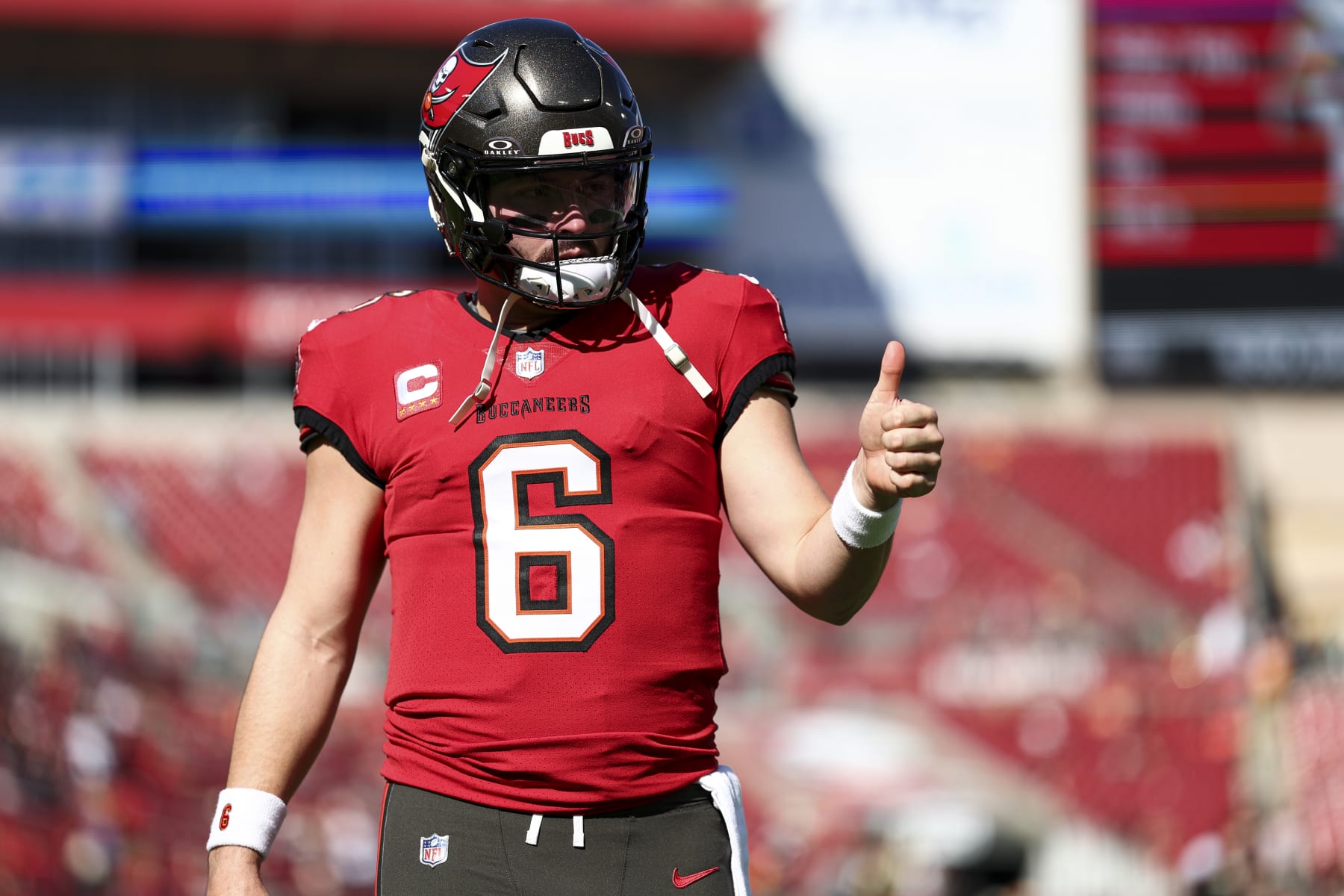 TAMPA, FL - DECEMBER 31: Baker Mayfield #6 of the Tampa Bay Buccaneers signals a thumbs-up prior to an NFL football game against the New Orleans Saints at Raymond James Stadium on December 31, 2023 in Tampa, Florida. (Photo by Kevin Sabitus/Getty Images)