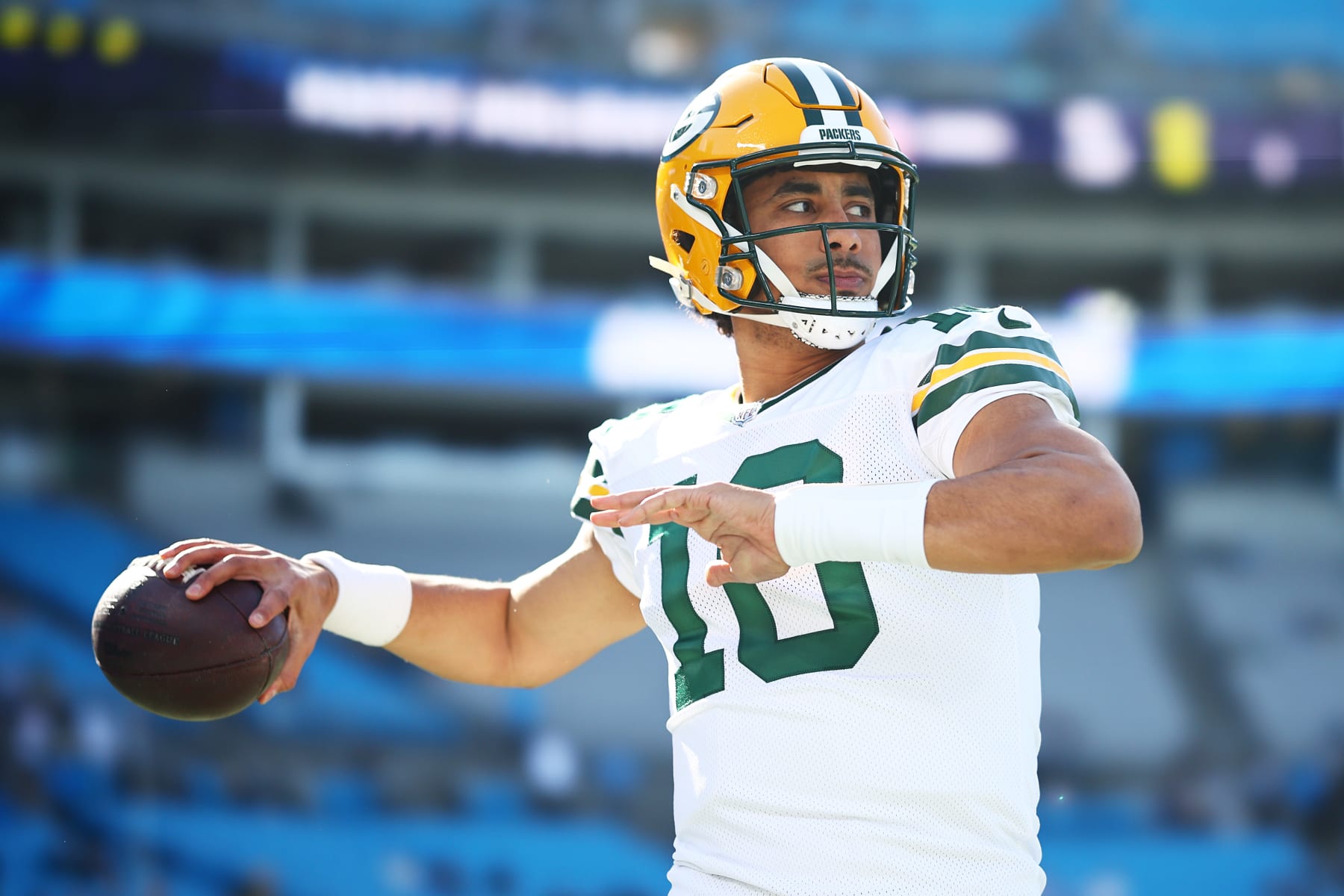 CHARLOTTE, NORTH CAROLINA - DECEMBER 24: Jordan Love #10 of the Green Bay Packers warms up before the game against the Carolina Panthers at Bank of America Stadium on December 24, 2023 in Charlotte, North Carolina. (Photo by Jared C. Tilton/Getty Images)