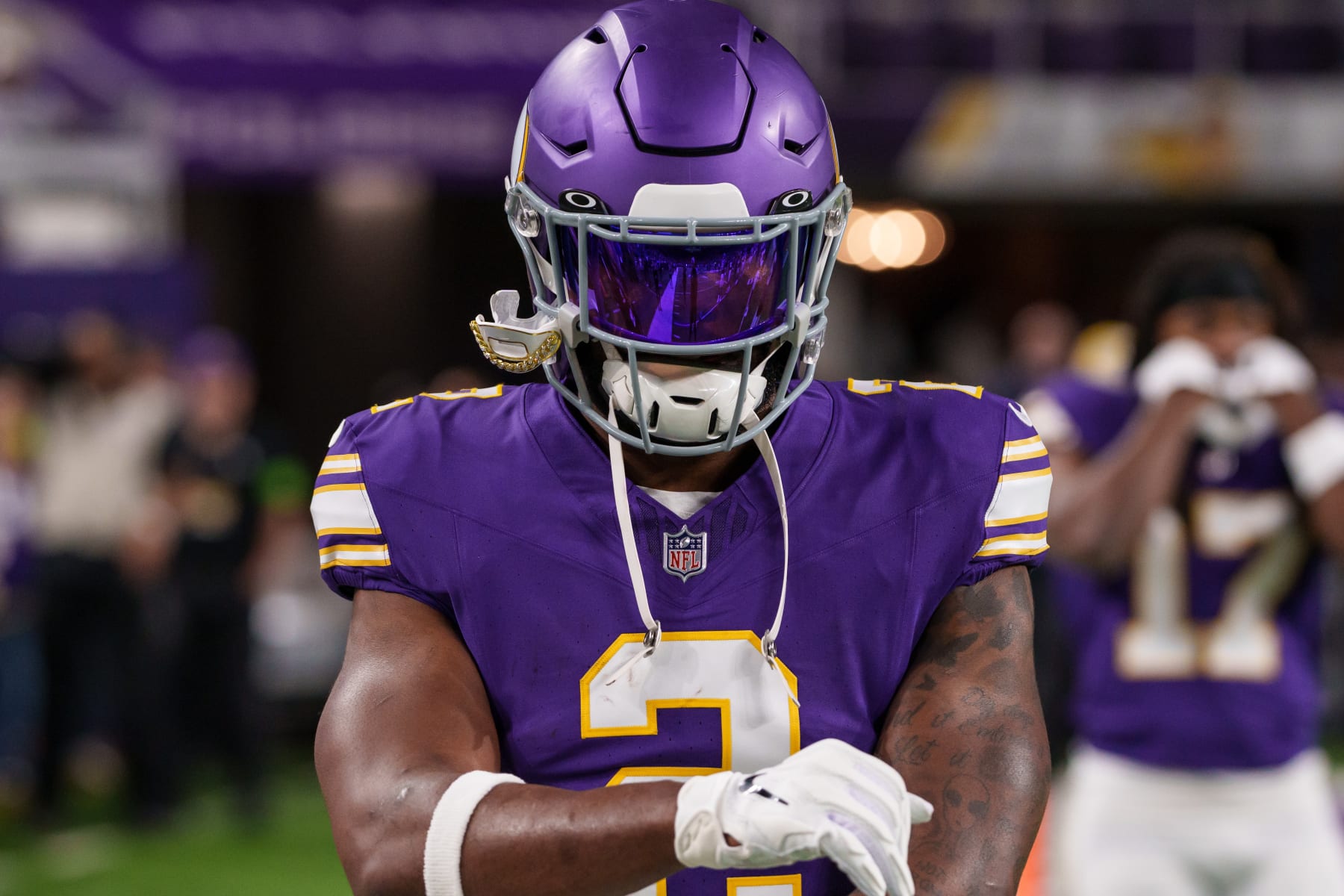 MINNEAPOLIS, MN - NOVEMBER 27:  Running back Alexander Mattison #2 of the Minnesota Vikings warms up prior to an NFL football game against the Chicago Bears at US Bank Stadium on November 27, 2023 in Minneapolis, Minnesota. The Bears beat the Vikings 12-10. (Photo by Todd Rosenberg/Getty Images)