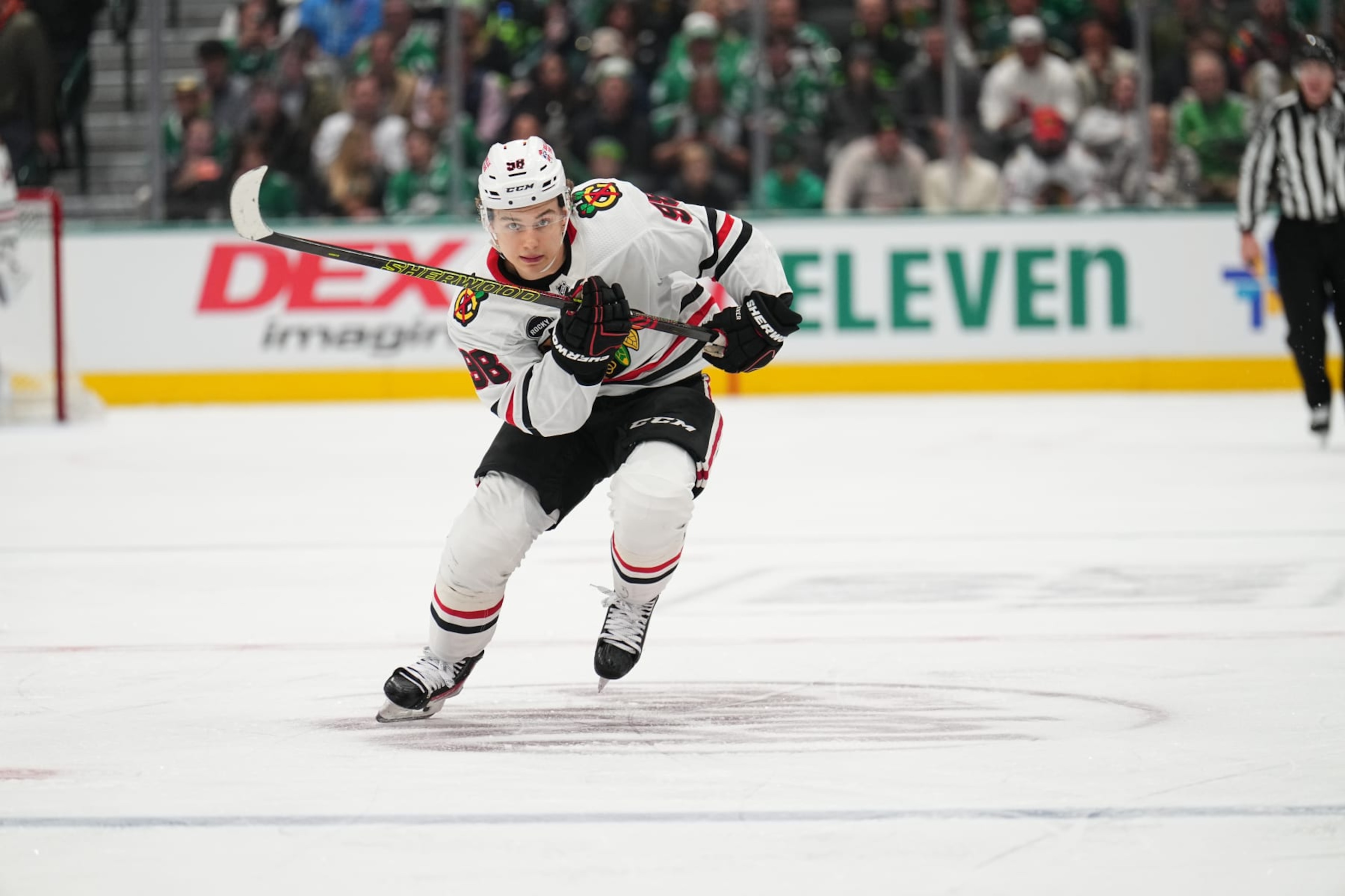 DALLAS, TX - DECEMBER 29: Connor Bedard #98 of the Chicago Blackhawks skates against the Dallas Stars at the American Airlines Center on December 29, 2023 in Dallas, Texas. (Photo by Glenn James/NHLI via Getty Images) DALLAS, TX - DECEMBER 29: Connor Bedard #98 of the Chicago Blackhawks skates against the Dallas Stars at the American Airlines Center on December 29, 2023 in Dallas, Texas. (Photo by Glenn James/NHLI via Getty Images)