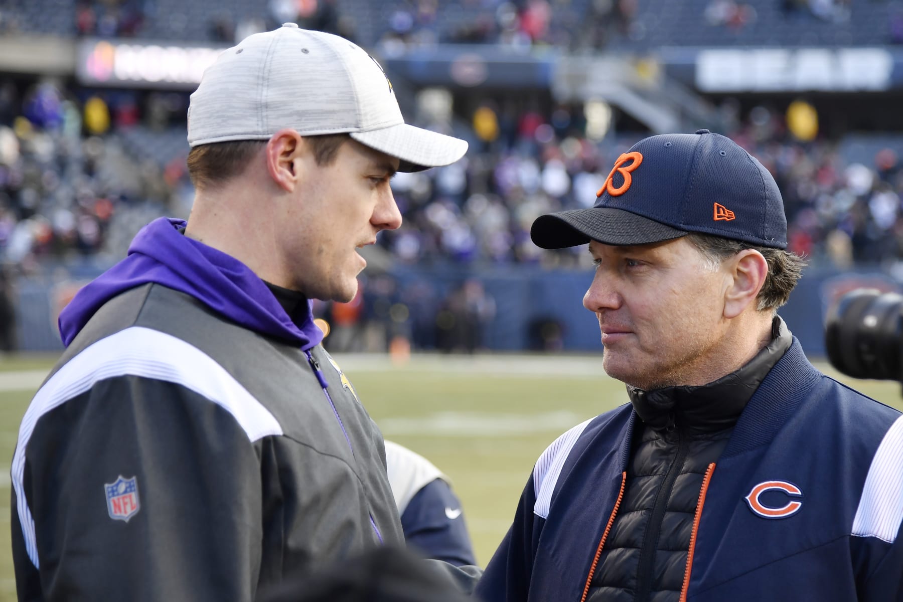 CHICAGO, ILLINOIS - JANUARY 08: Head coach Kevin O'Connell of the Minnesota Vikings talks with Head coach Matt Eberflus of the Chicago Bears after the game at Soldier Field on January 08, 2023 in Chicago, Illinois. (Photo by Quinn Harris/Getty Images)